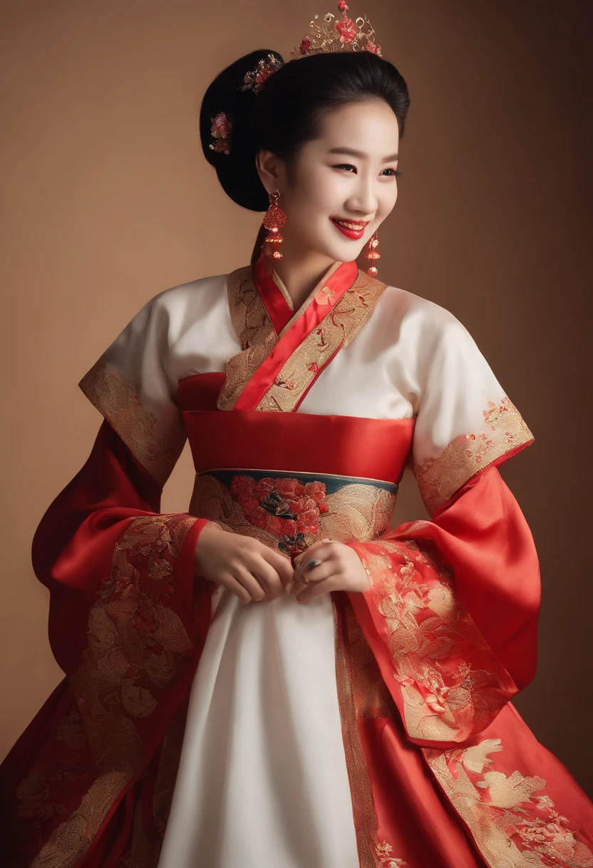 (high res photograph, Bust, 1 girl, 28 years old, woman, Facial details, Baby fat, Waist accessories, Holding hands, Smile, Show fewer teeth, White skin, Upper body, TRADITIONAL CHINESE COSTUMES, model poses, Studio lighting)