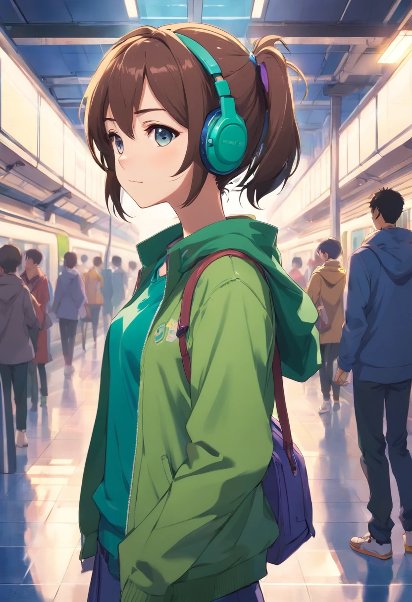 , anime,cabelo de verde,olhos roxo,pale skin, wearing a jacket, pig tails, large breasts, deep cleavage, headphones, waiting at the metro station, arte absolutamente impressionante, extremamente detalhado, arte digital da mais alta qualidade,estilo baseado em boku no hero.