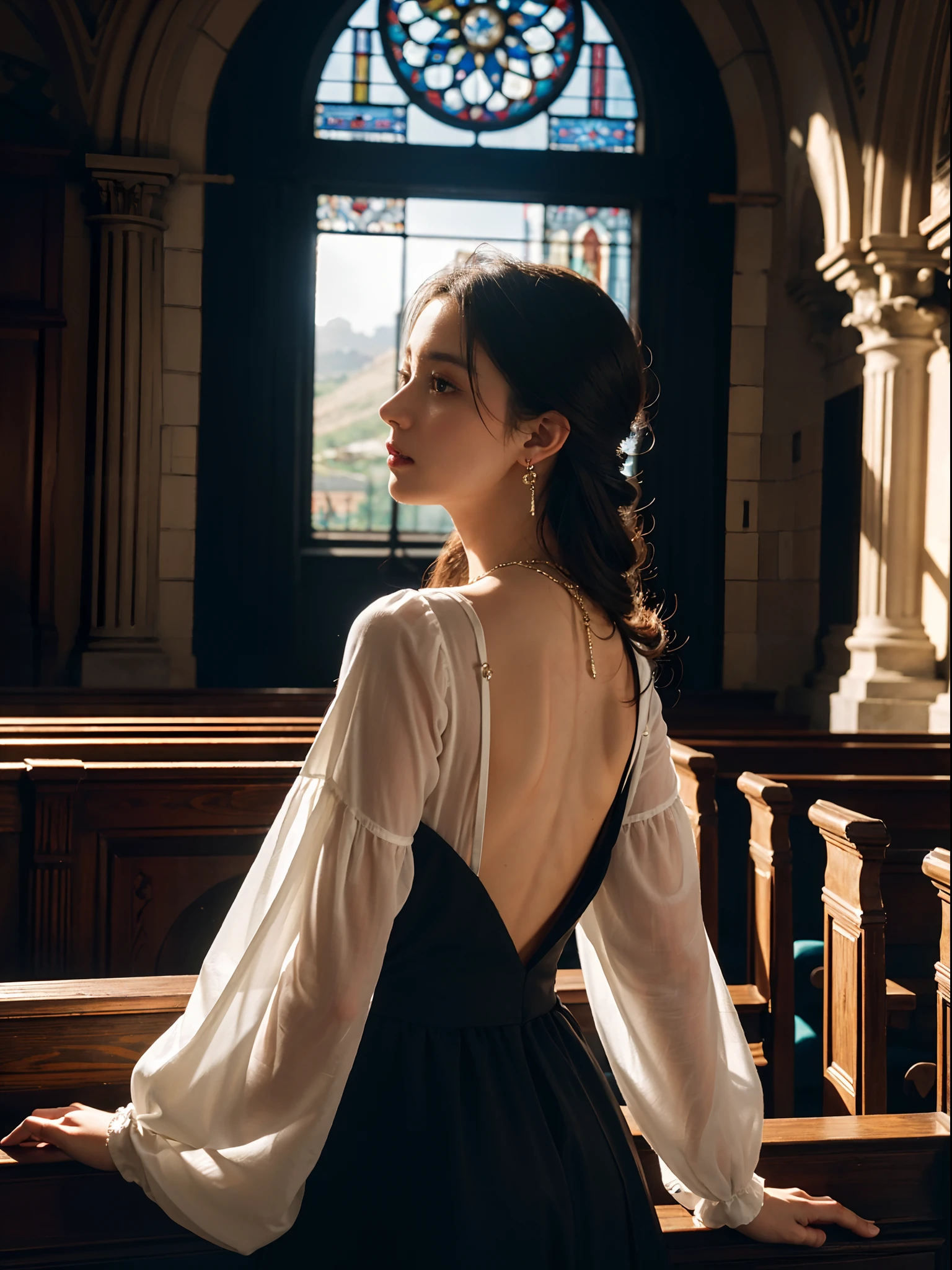 ((Best quality, 8K, Masterpiece: 1.4)),((Amazing detail: 1.3)),((illustration: 1.2)),((high resolution: 1.1)),Europe,medieval,Victorian,oil,Divine,Soft light,nun,Black hair,Pearl earrings,Church background,Cross necklace,Medium breasts,full bodyesbian,Lens flare, Depth of field, god light, back lit lighting,Amazing art of painting,