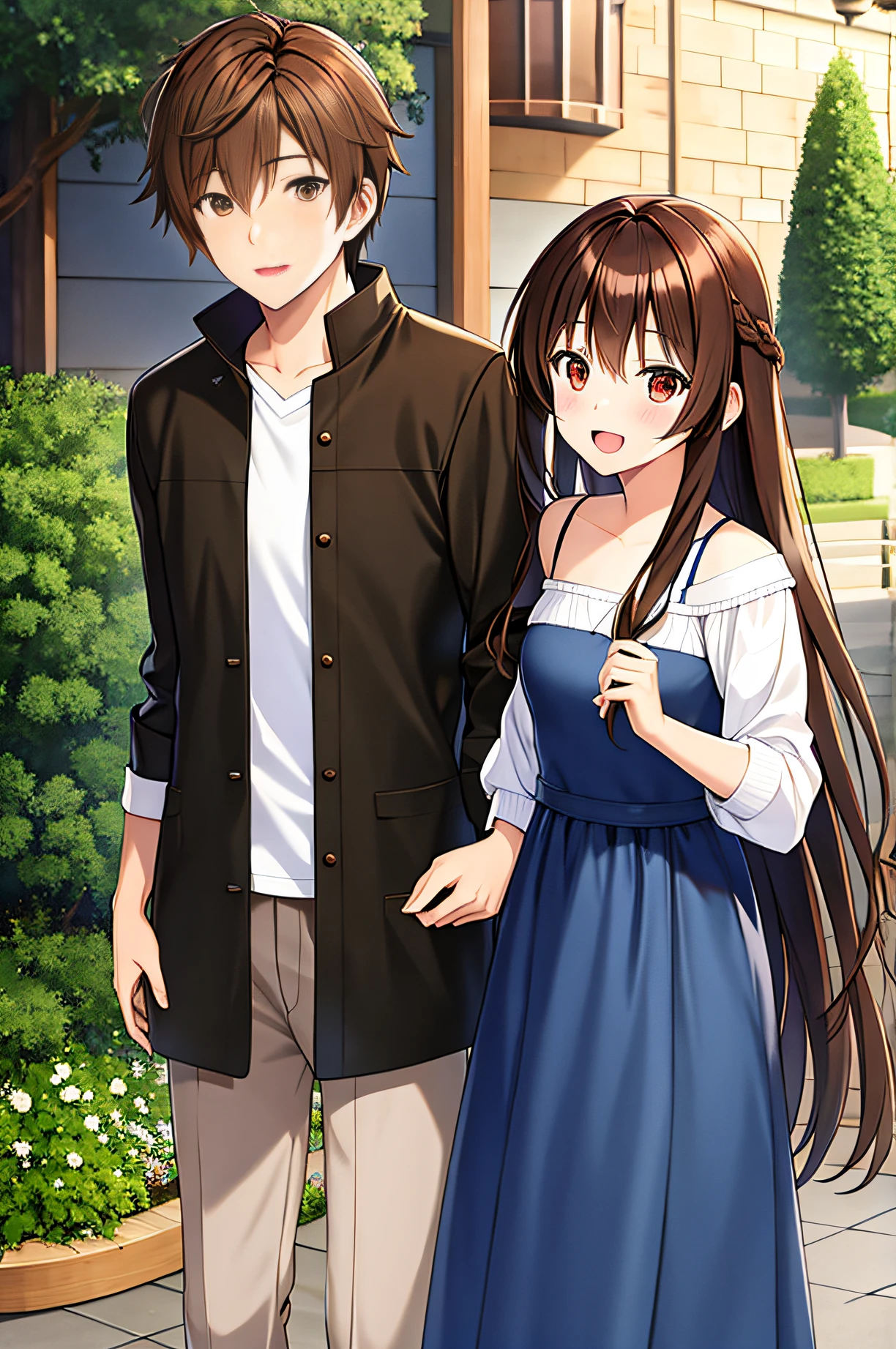 (best quality, ultra-detailed),anime, cute romantic couple, guy with brown hair, dressed in a hunter costume, girl cute, alluring with long black hair, in a light dress