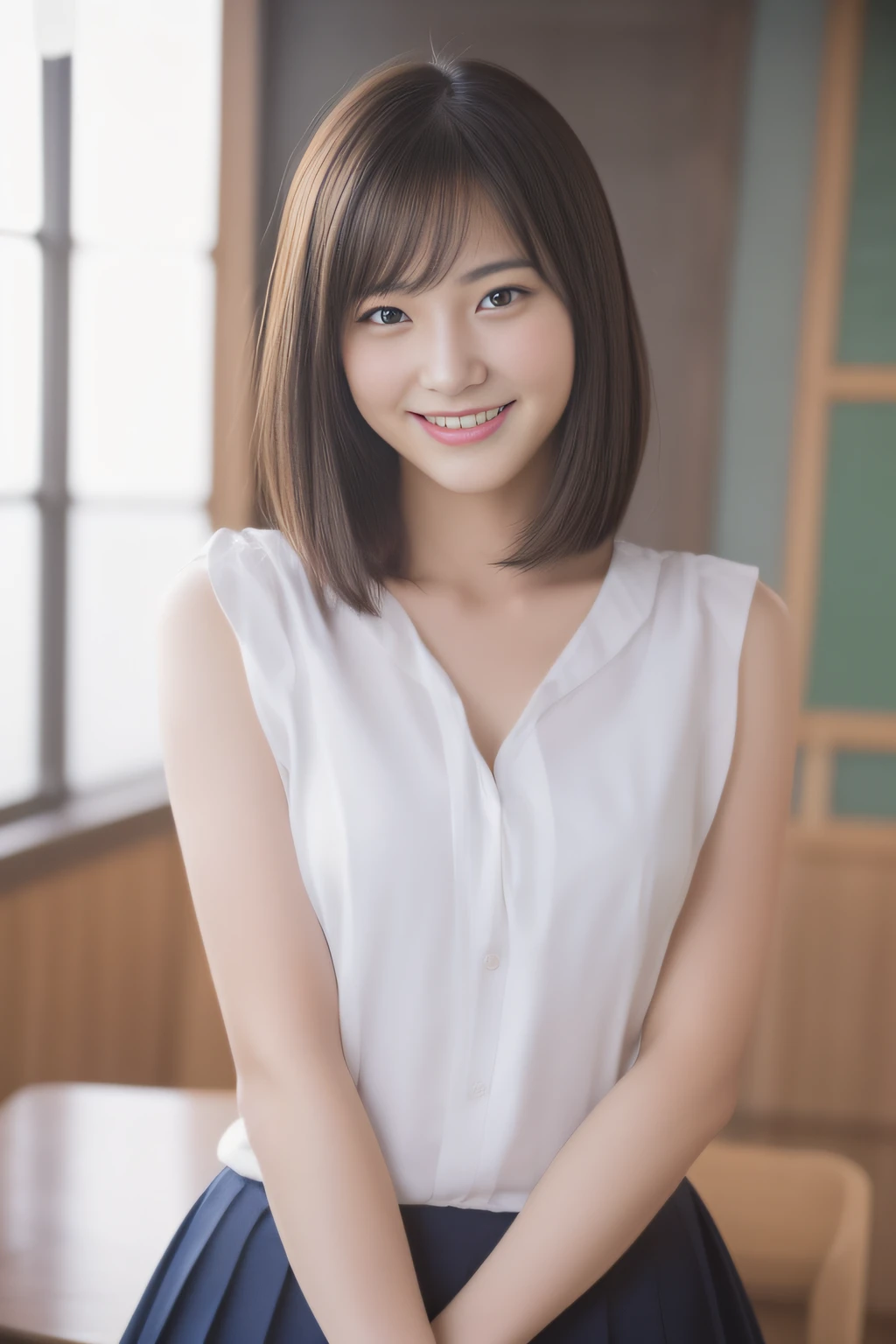((8K:1.27、top-quality、​masterpiece、超A high resolution:1.2))、 beautiful japanese female、 (High School Teacher:1.2)、30-years old、Similar to the popular actress of Japan、1girl in、teacher outfit、a large bust:1.5、Valley、Dark hair、Black eyes、short-hair、Beautuful Women、High School Classroom、early evening、A seductive smile、((perfect anatomia、Beautiful limbs,Healthy body、Beautiful skin))、profetional lighting、Professional filming、gravure、