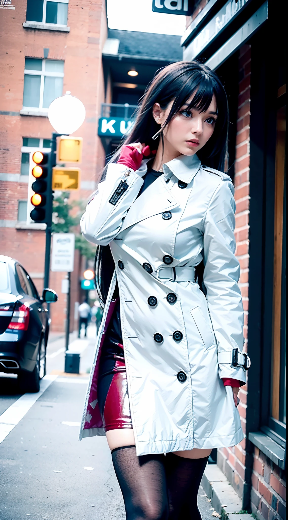 (Best quality,4K,8K,A high resolution,Masterpiece:1.2),Ultra-detailed,(Realistic,Photorealistic,photo-realistic:1.37),Long-range shooting,Blue-haired woman,Hair falls on the left shoulder,Wears a white trench coat lined in red, blackminiskirt,Patterned stockings,High heels,Walking on the street,Portrait,conceptual art,Blurred background,Soft lighting,Vivid tones