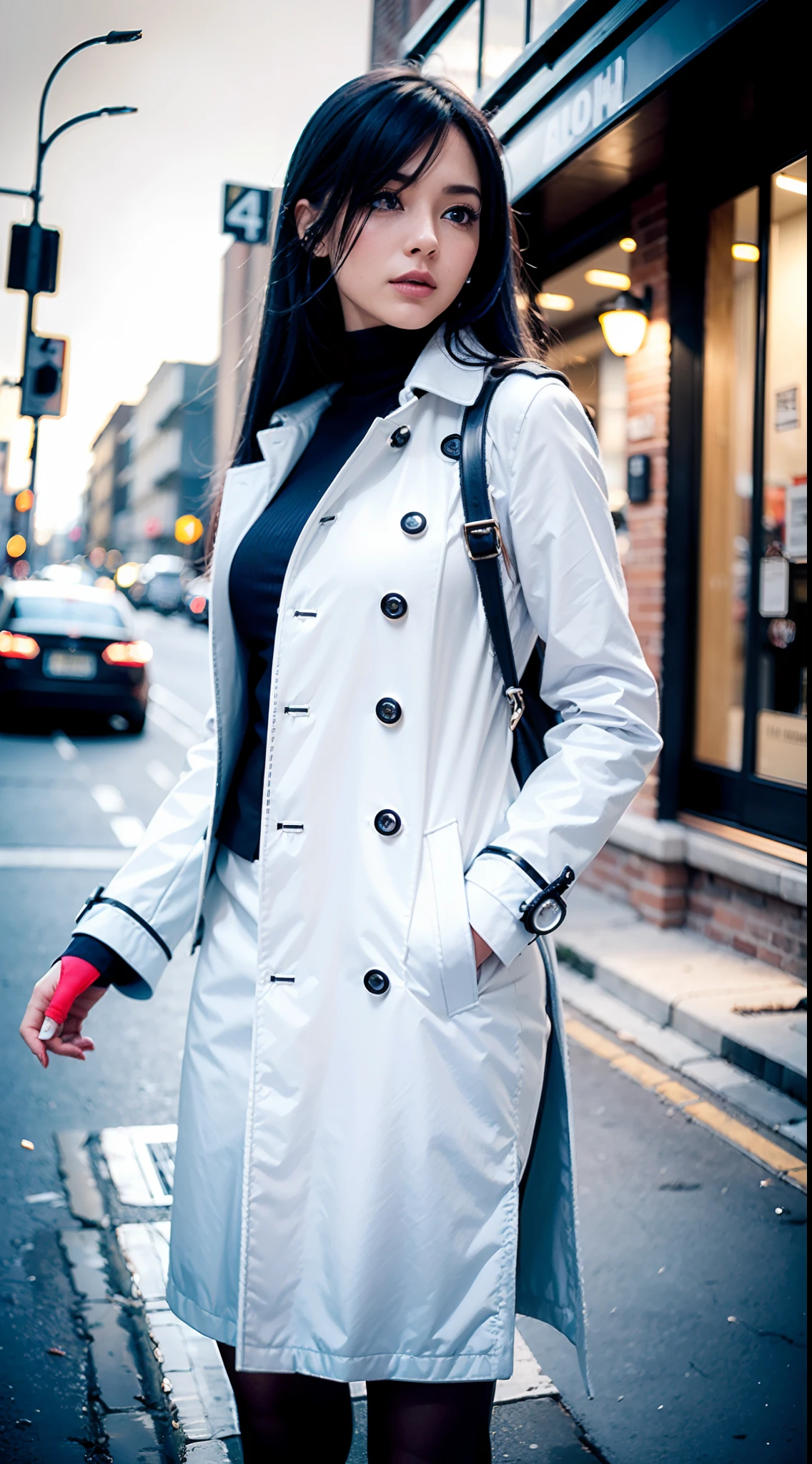 (Best quality,4K,8K,A high resolution,Masterpiece:1.2),Ultra-detailed,(Realistic,Photorealistic,photo-realistic:1.37),Long-range shooting,Blue-haired woman,Hair falls on the left shoulder,Wears a white trench coat lined in red, blackminiskirt,Patterned stockings,High heels,Walking on the street,Portrait,conceptual art,Blurred background,Soft lighting,Vivid tones
