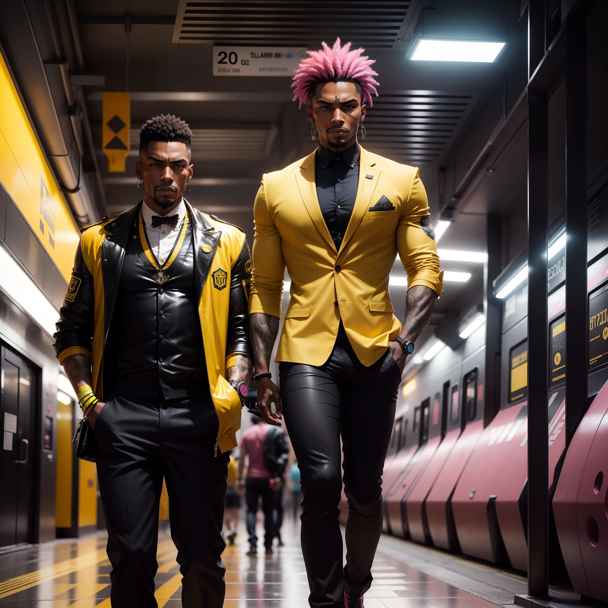 I'd like a cyberpunk style image in 4k average photo of three black characters ,50 anos de idade, africano, forte, musculoso, de pele negra ,com cabelo punk estilo anos 80 na cor amarelo e cinza escuro,muito eLegante,, futurista e estiloso neon , com uma tatuagem super colorida e com neon ,Toattoo, facing a metro station on the platform , with station lights failing in a dimly lit environment, standing dressed in a dark yellow suit with a pink bow tie and baggy shirt.