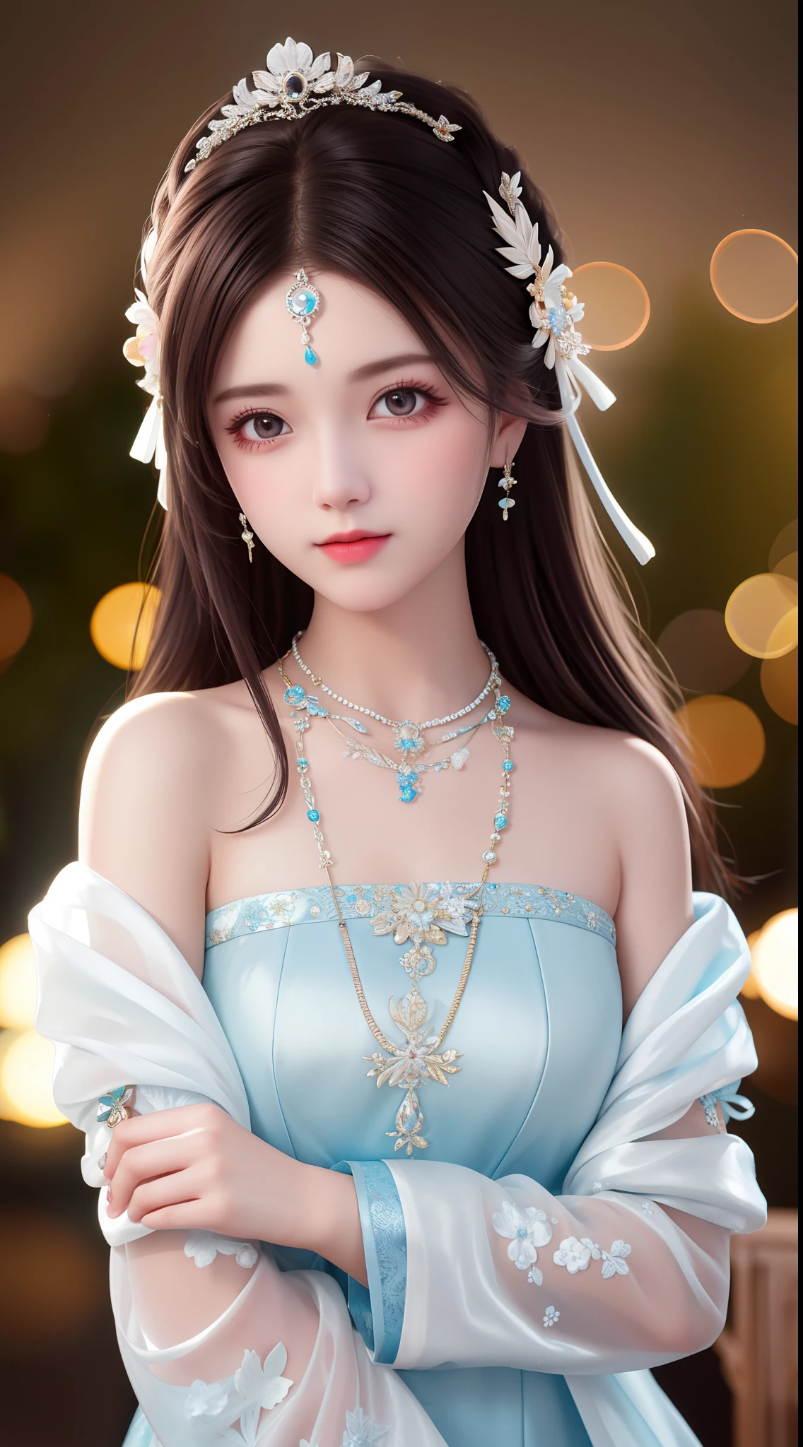 Best Quality, Masterpiece, High Resolution, 1girl, Porcelain Dress, Hair Accessories, Necklace, Jewelry, Beautiful Face, Physically, Tyndall Effect, Realistic, Dark Studio, Rim Lighting, Duotone Lighting, (High Detail Skin : 1.2), 8k uhd, dslr, soft light, high quality, volume light, candid, photo, high resolution, 4k, 8k, bokeh