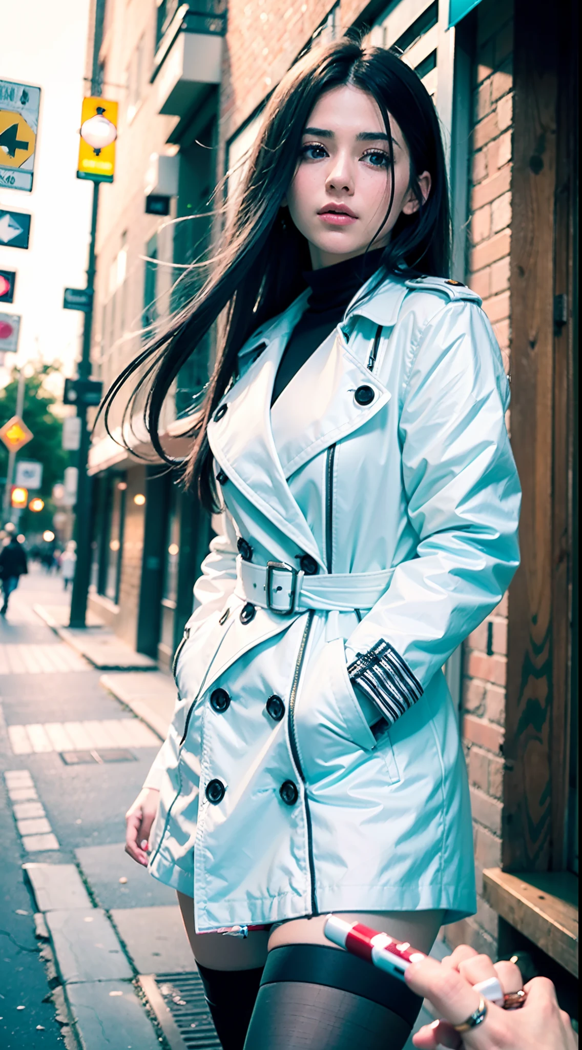 (Best quality,4K,8K,A high resolution,Masterpiece:1.2),Ultra-detailed,(Realistic,Photorealistic,photo-realistic:1.37),Long-range shooting,Blue-haired woman,Hair falls on the left shoulder,Wears a white trench coat lined in red, blackminiskirt,Patterned stockings,High heels,Walking on the street,Portrait,conceptual art,Blurred background,Soft lighting,Vivid tones