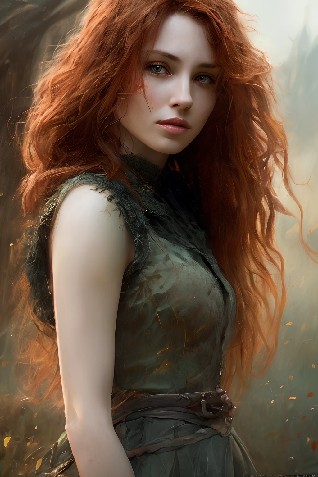 a female portrait of a hyperdetailed  in the style of a bellatrix from harry potter and a rogue dnd character,ginger hair, (pleasant:1.3) thoughtful expression, full body, conjuring magical energy, cinematic shot on canon 5d ultra realistic skin,  Fabian Perez Henry Asencio, Jeremy Mann Marc Simonetti fantasy magical horror atmosphere, (highly detailed environment:1.3)