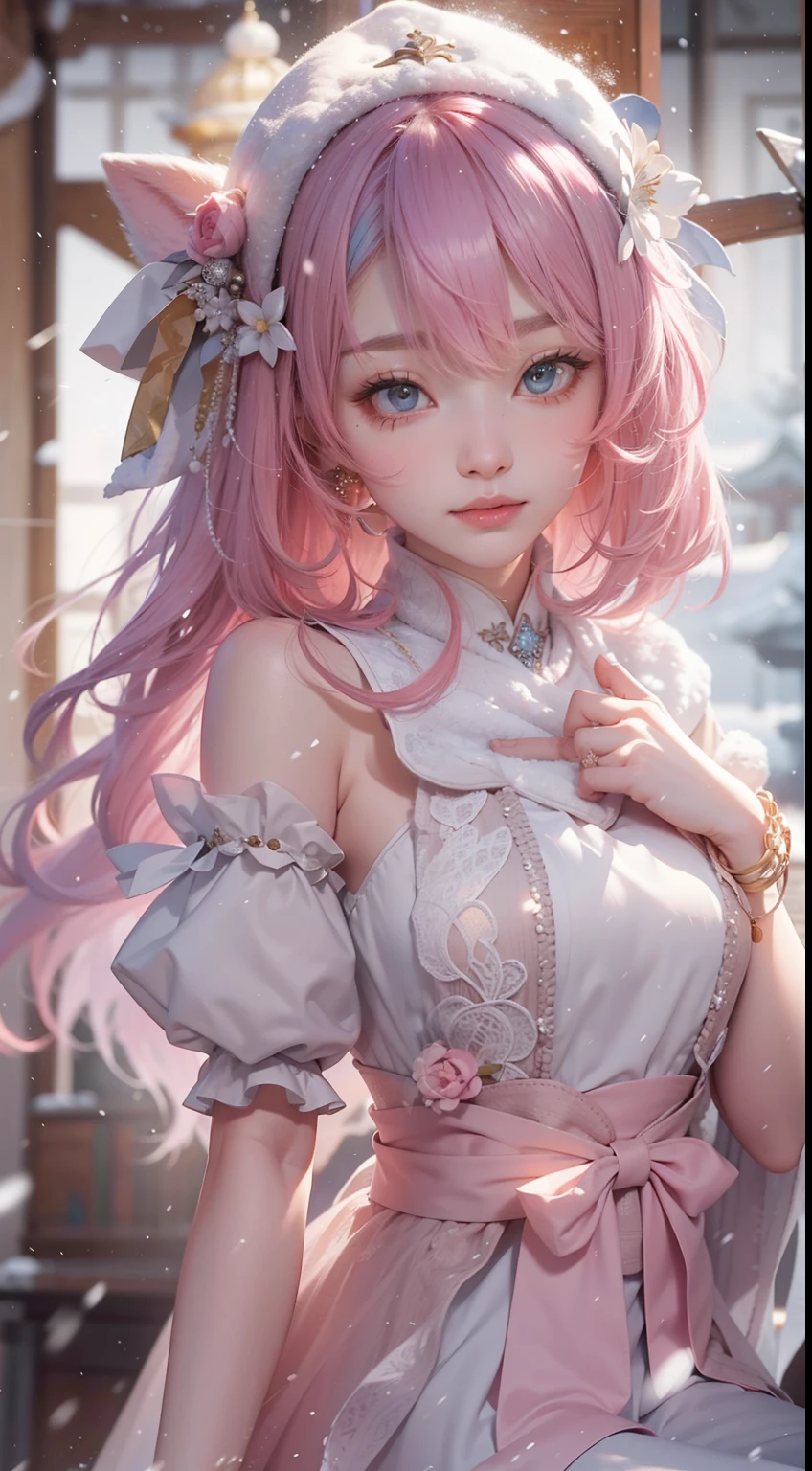 Works of masters，Best image quality，超高分辨率，8K分辨率，Sitting，s the perfect face，Glowing skin，solo person，femele，ssmile，long whitr hair，Pink hair，crossed bangs，Wave head，Bracelet，Collar，pendant，ta costume，snowflower，Winters，Temple，New Year，Opal rendering，Cinematic lighting，(Falling snow，cloaks)，