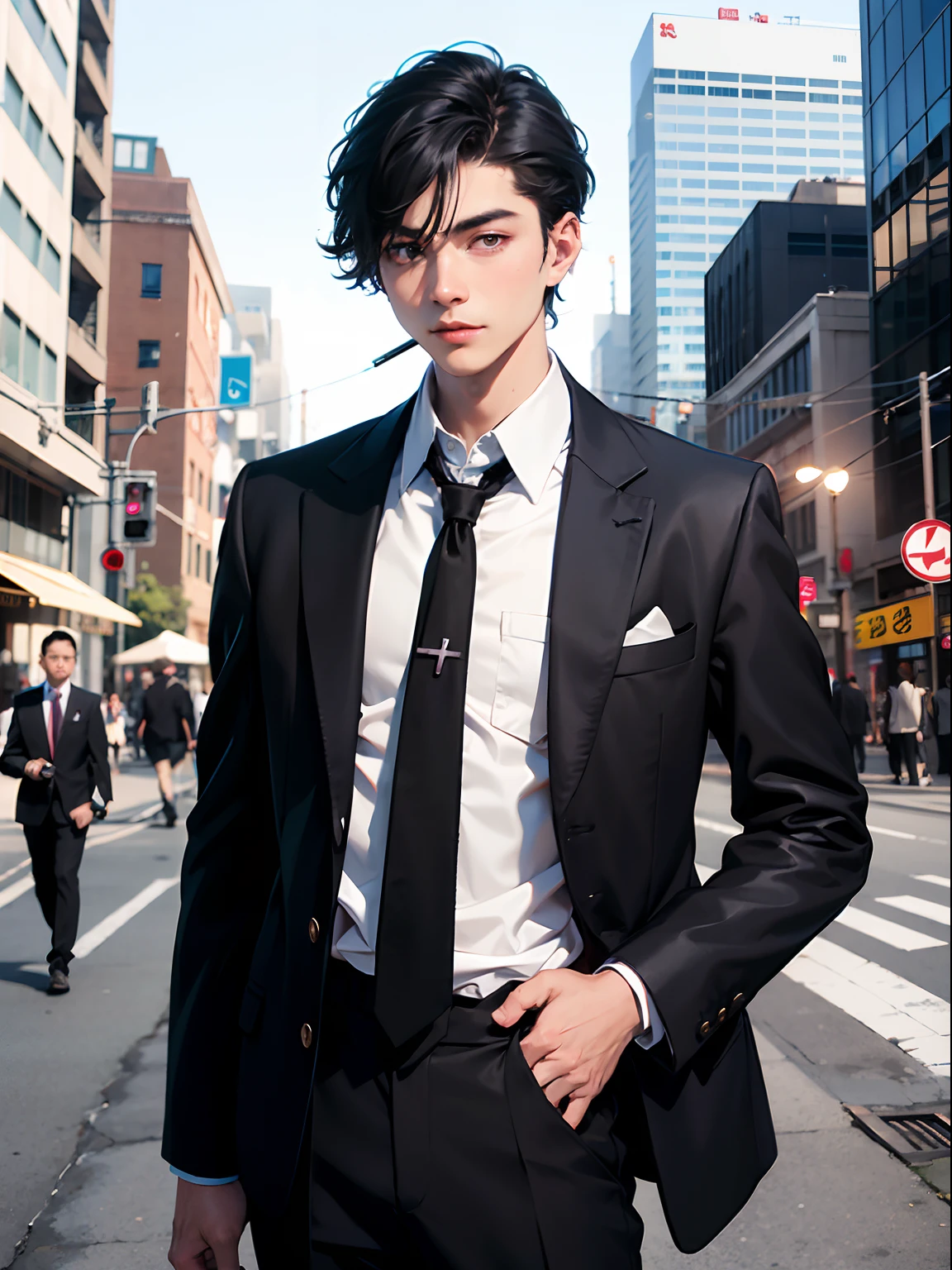 1boy, only、(Man's :2),(bobhair:1.5)、Black hair、smoking tobacco、suits、Brightly colored ties、natta、Downtown、streetlights、Natural lighting、hightquality、masutepiece,8K,hight resolution、