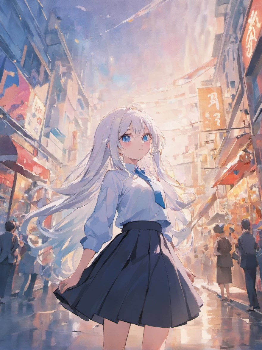 1girl, long white hair, blue eyes, simple white shirt, simple black skirt, city, 8k, masterpiece, ultrasharp, high res, drinking jiuse, cofee shop