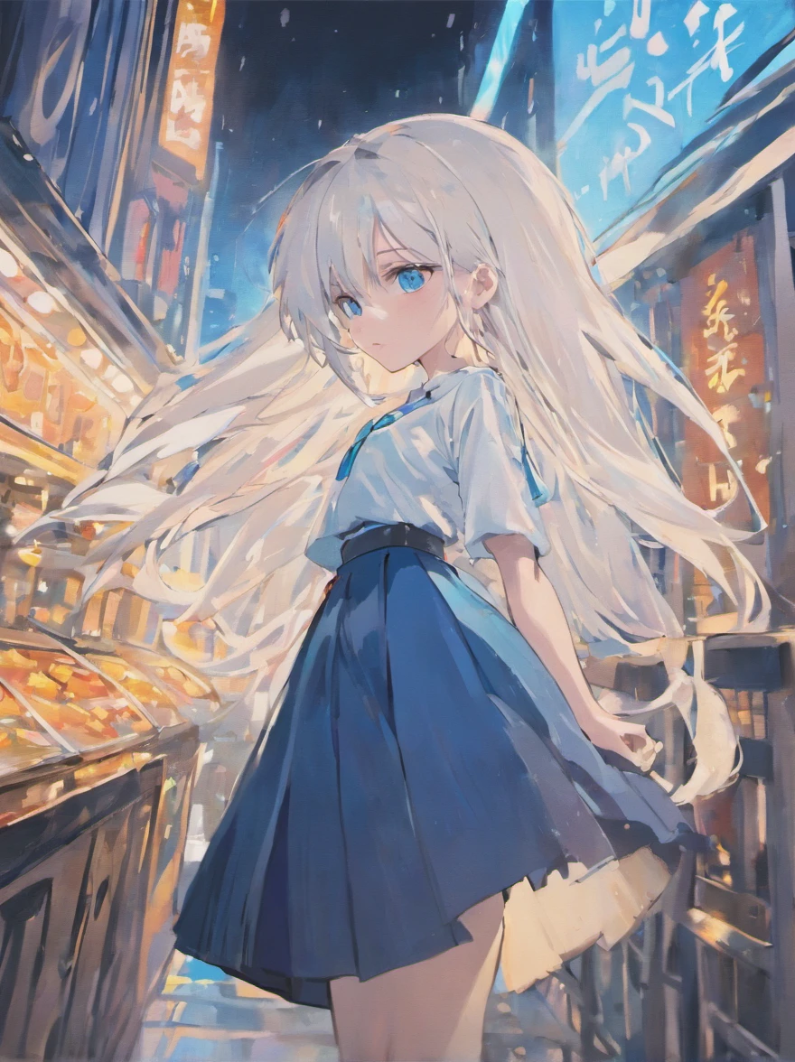 1girl, long white hair, blue eyes, simple white shirt, simple black skirt, city, 8k, masterpiece, ultrasharp, high res, drinking jiuse, cofee shop