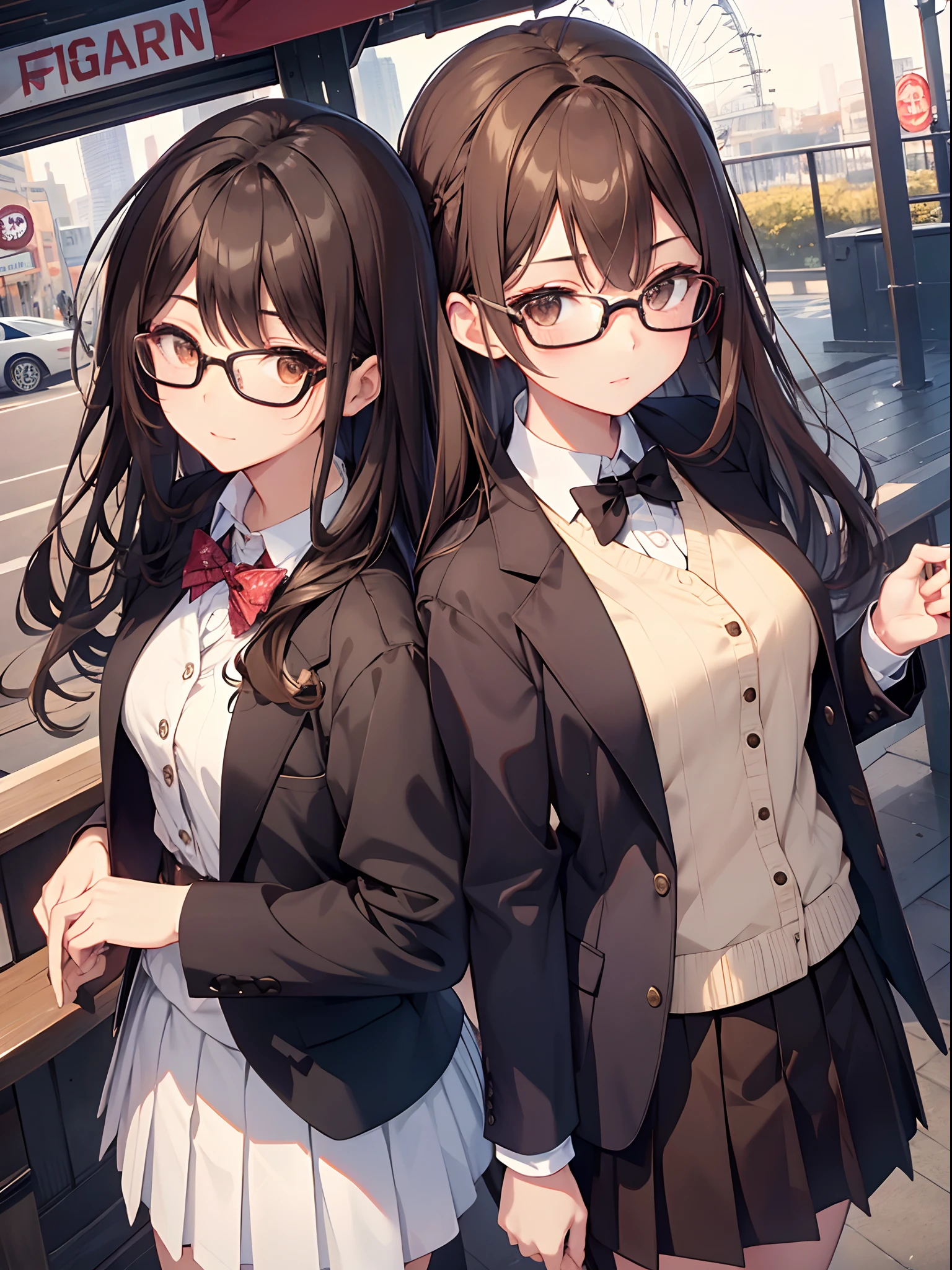 1人の女性、brown haired(Curta)、Brown eyes、Black-rimmed glasses、 Best Quality、ultra-detailliert、8K resolution、Raw photo、masutepiece、gorgeous faces、Perfect body、the Ferris wheel、Blazer Uniform