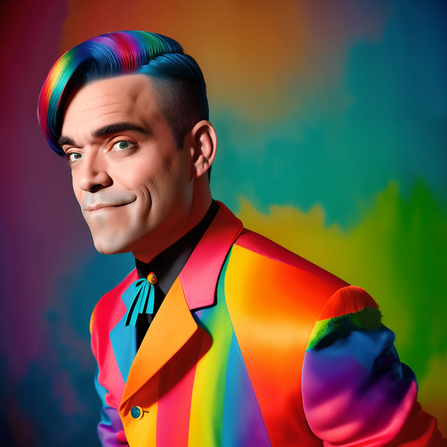 analog style, modelshoot style, portrait of  Robbie Williams , style by Flora Borsi, bold, bright colours, rainbow Mohawk haircut, ((Flora Borsi))