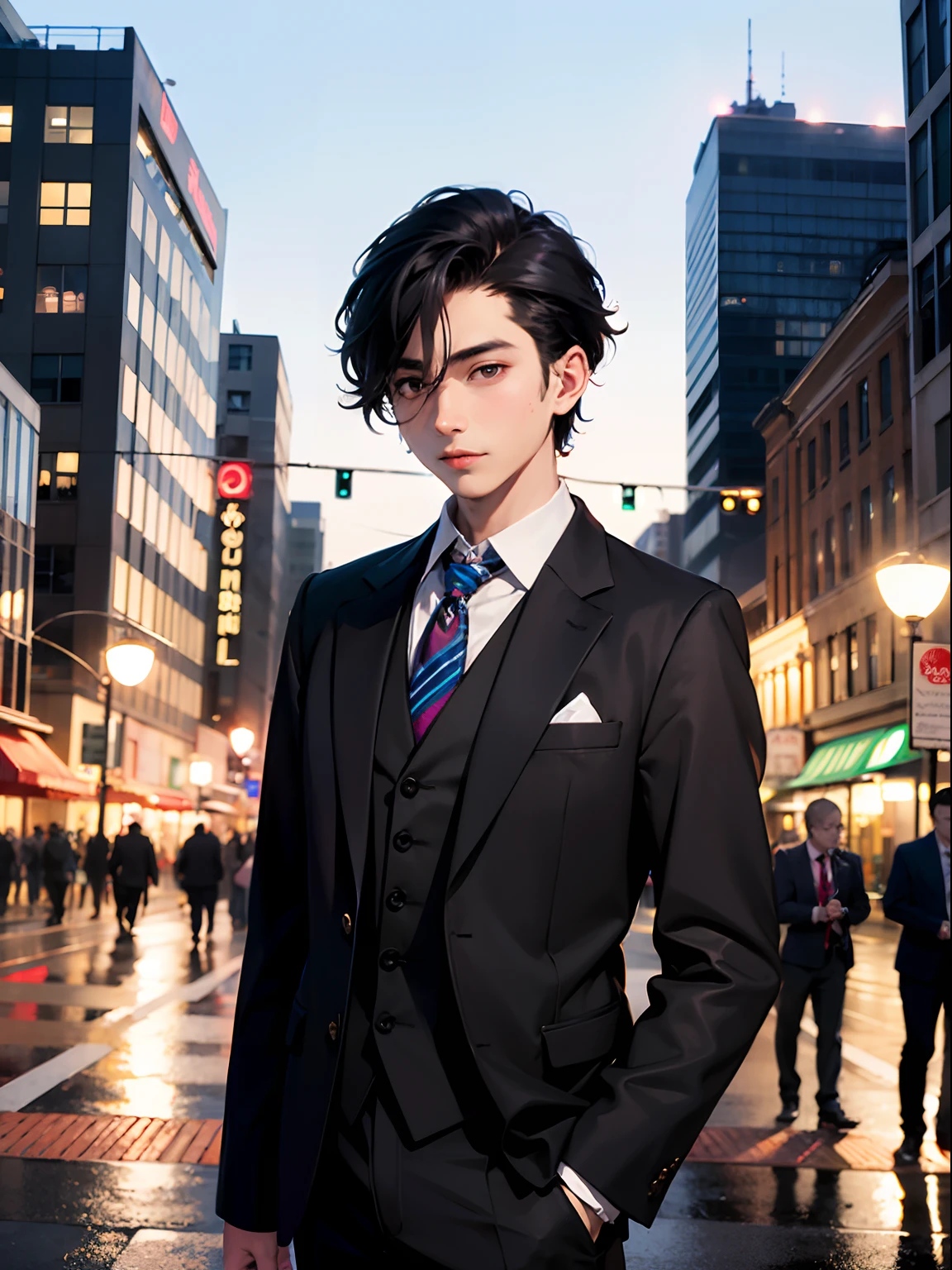 1boy,11 only、(Man's :2),(bobhair:1.5)、Black hair、smoking tobacco、suits、Brightly colored ties、natta、Downtown、streetlights、Natural lighting、hightquality、masutepiece,8K,hight resolution、