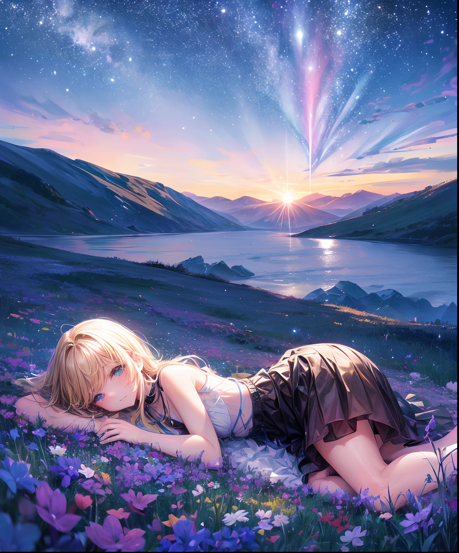 Anime girl laying on the ground in a field of flowers - SeaArt AI