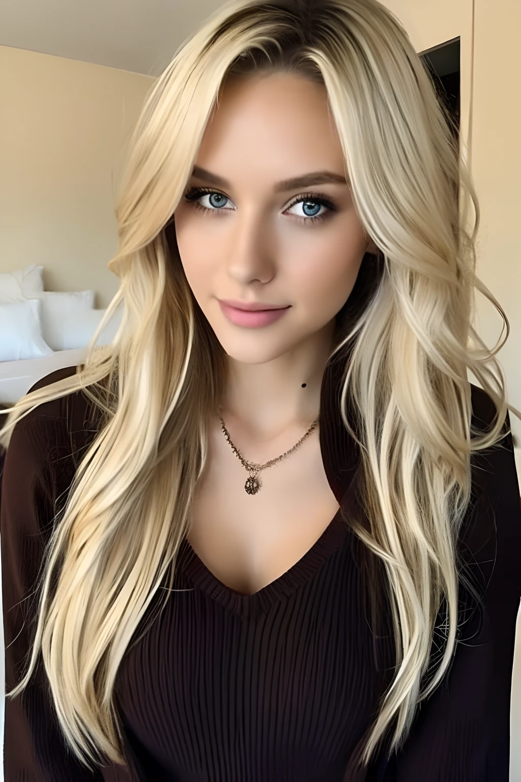 1girl in, 25-years old, Solo, Long hair, Shapely, Looking at Viewer, blondehair, Brown eyes, jewely, Full body, a necklace, Sweaters, Realistic, A sexy