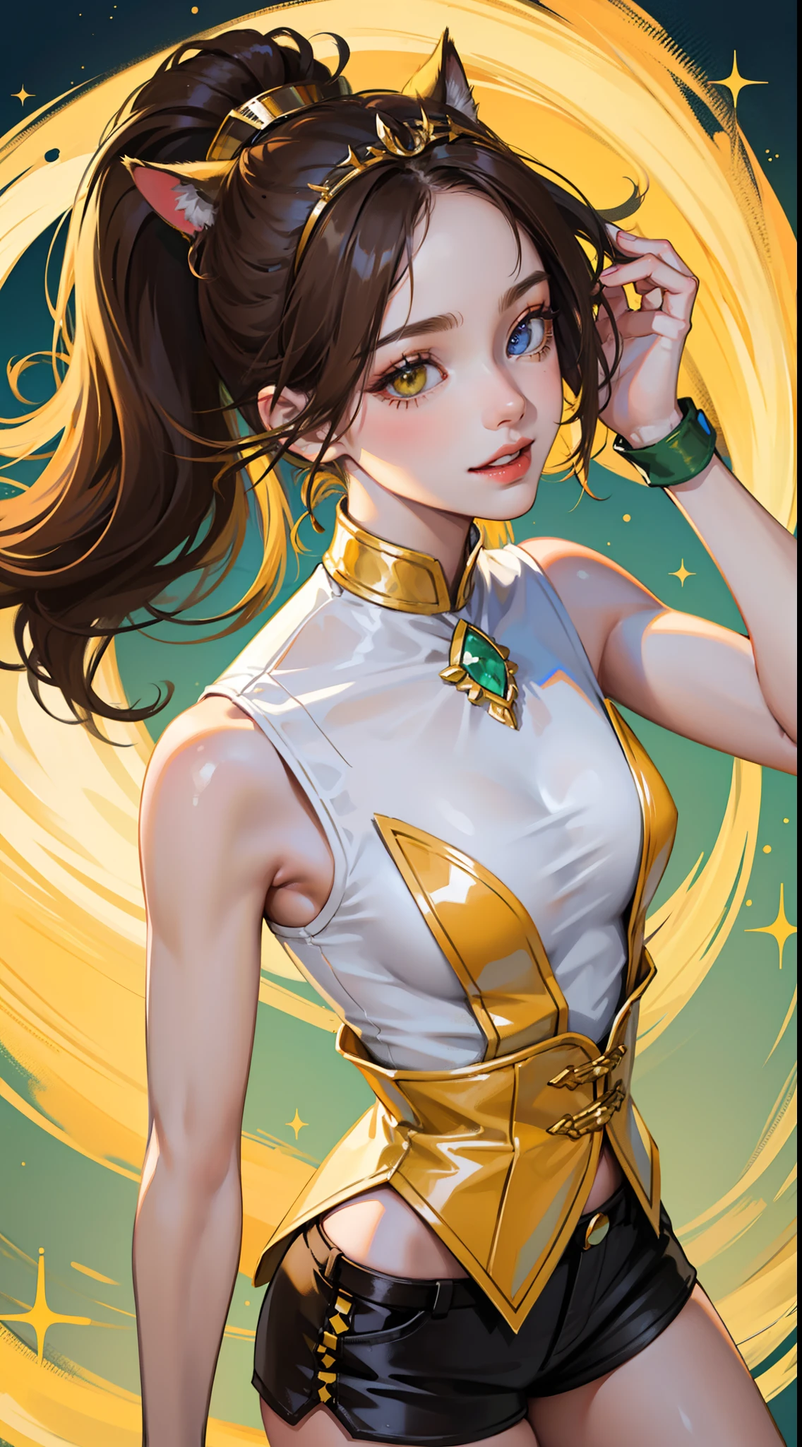 young girl, short brown hair, high ponytail, Heterochromia, green and yellow eyes, Smile, cat ears, Yellow tight sleeveless uniform, tight shorts, diadem, Gold Elements, She-ra, Masterpiece, hiquality, 4k, HD, Good detail