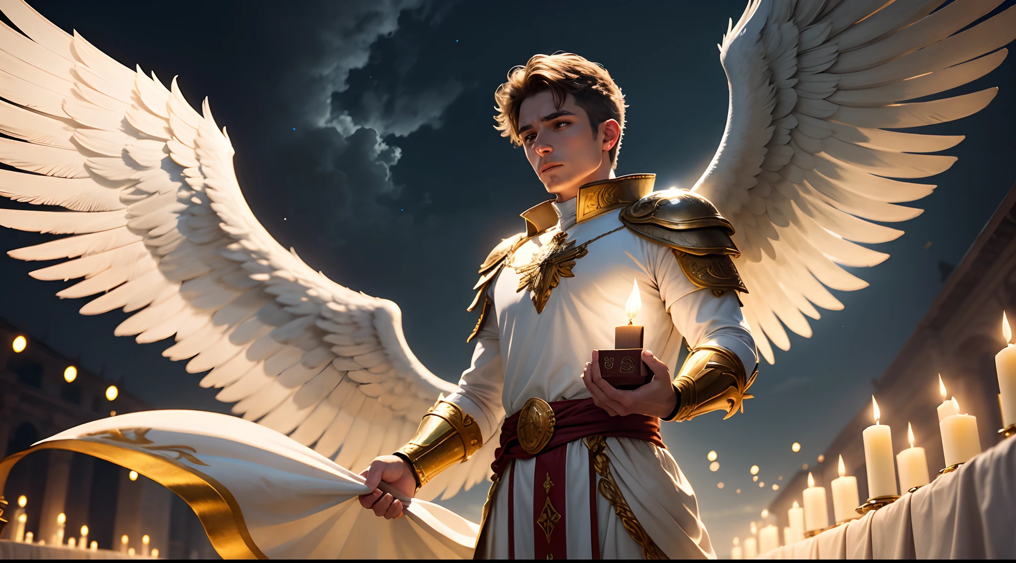 Closeup de uma imagem um anjo homem com um livros (biblia) with the position in the right hand, in the other left hand holding a scale, Angel dressed as a Roman soldier looking at the ground, arcanjo homem com asas grandes, o anjo da fortuna, perfeito, Realistic, Biblical setting, Biblical Paradise Setting, It standing body compleot sample night without realistic ultras clouds, flores e velas, Illuminated Archangel of Heaven in the illuminating night, velas acesas, roupas brancas e vermelhas
