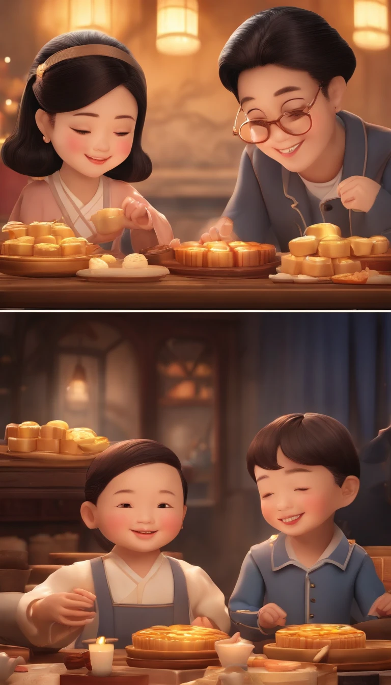 (top-quality、8K、tmasterpiece:1.3)、Full moon and stars in sky illustration,The family sits together eating mooncakes,Mom and dad laugh with the kids,Have in the living room、Bright house scene,extremely detailed face and skin,Heartwarming scene,perfect detail