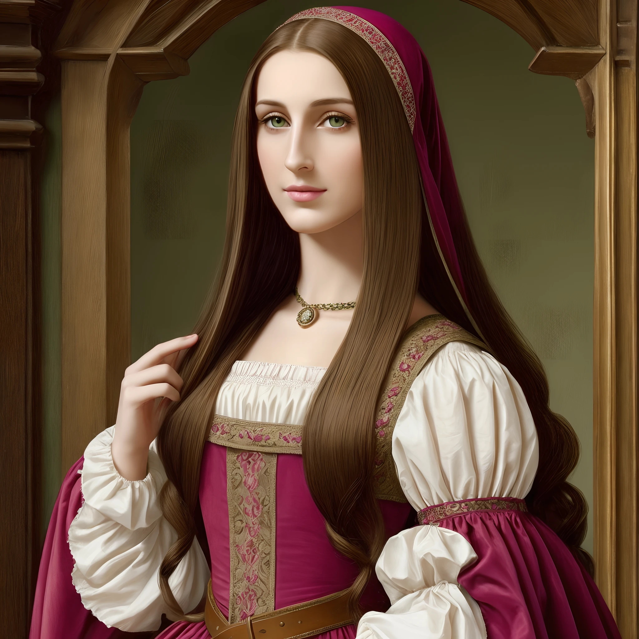 1 beautiful 28 years women,long brown hair,olive green eyes,big nose,pink lips,tudor dress ,lady,servant,midieval