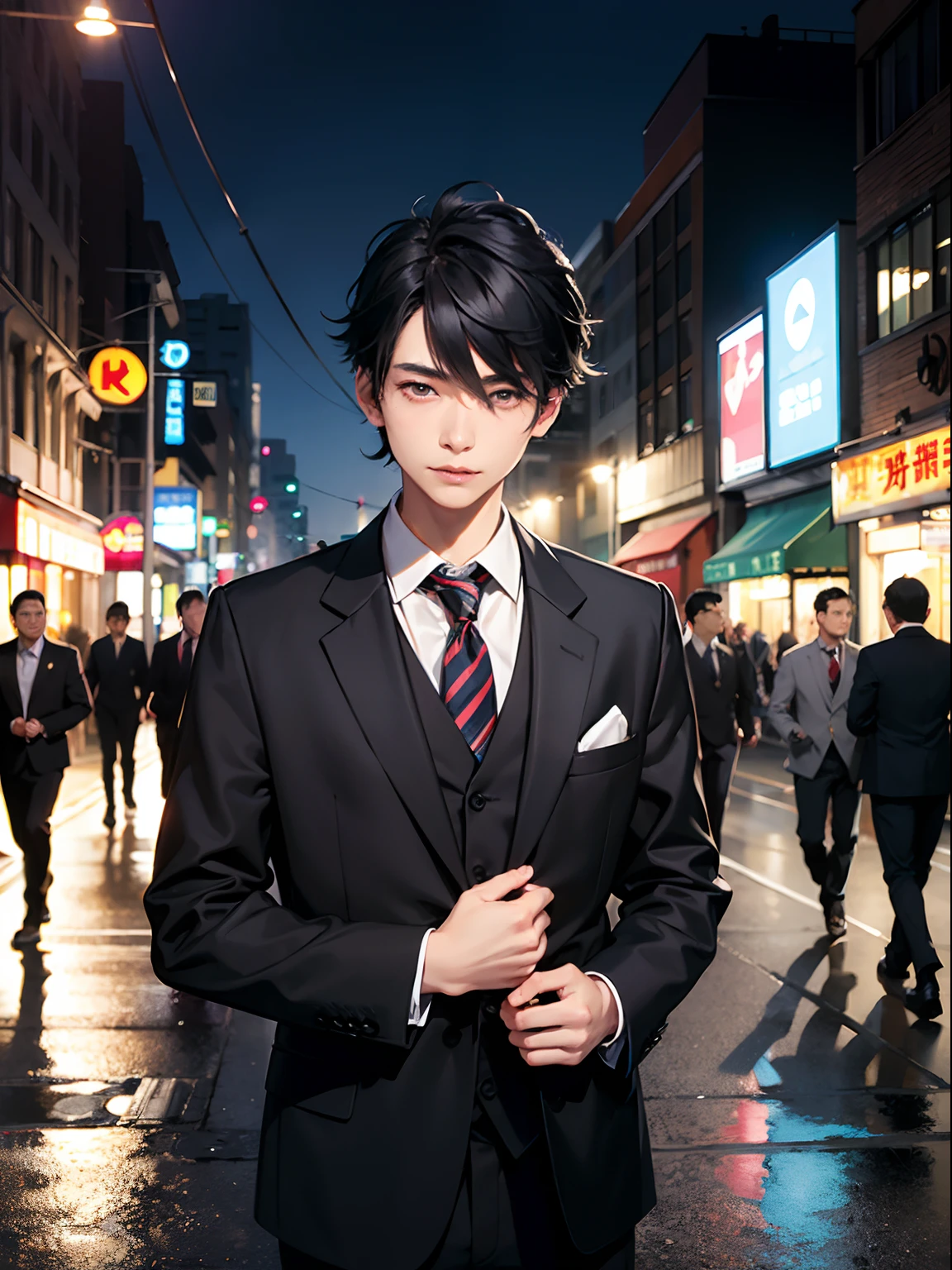 1boy,11 only、(Man's :2),(bobhair:1.5)、Black hair、smoking tobacco、suits、Brightly colored ties、natta、Downtown、streetlights、Natural lighting、hightquality、masutepiece,8K,hight resolution、