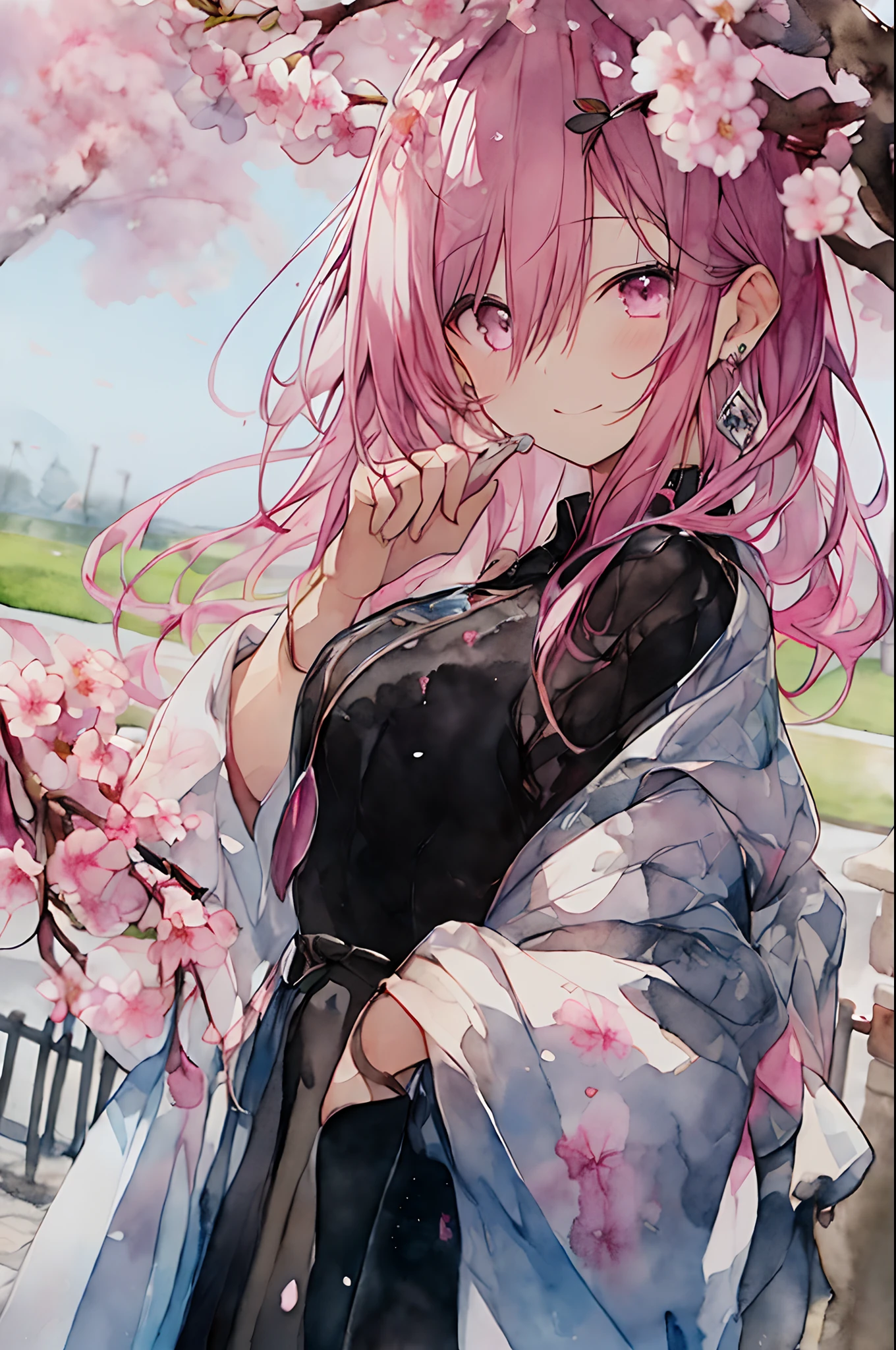 (watercolor paiting:1.2),1girl in, 独奏, cherry trees、 Pink cherry blossom、Plum rain、portraitures, Sateen、bangss,, Rosa、Black and pink hair, length hair, Hair between pink eyes, Flower earrings、A slight smil、beautidful eyes、Shoulder、Pubic hair shows through、Looks Back