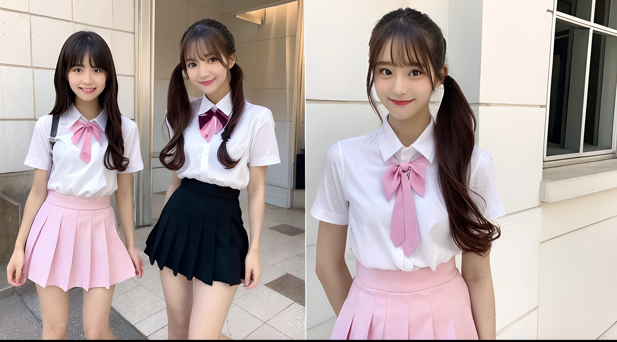 High school girl 18 years old wearing a pink miniskirt uniform（black hair ponytail）