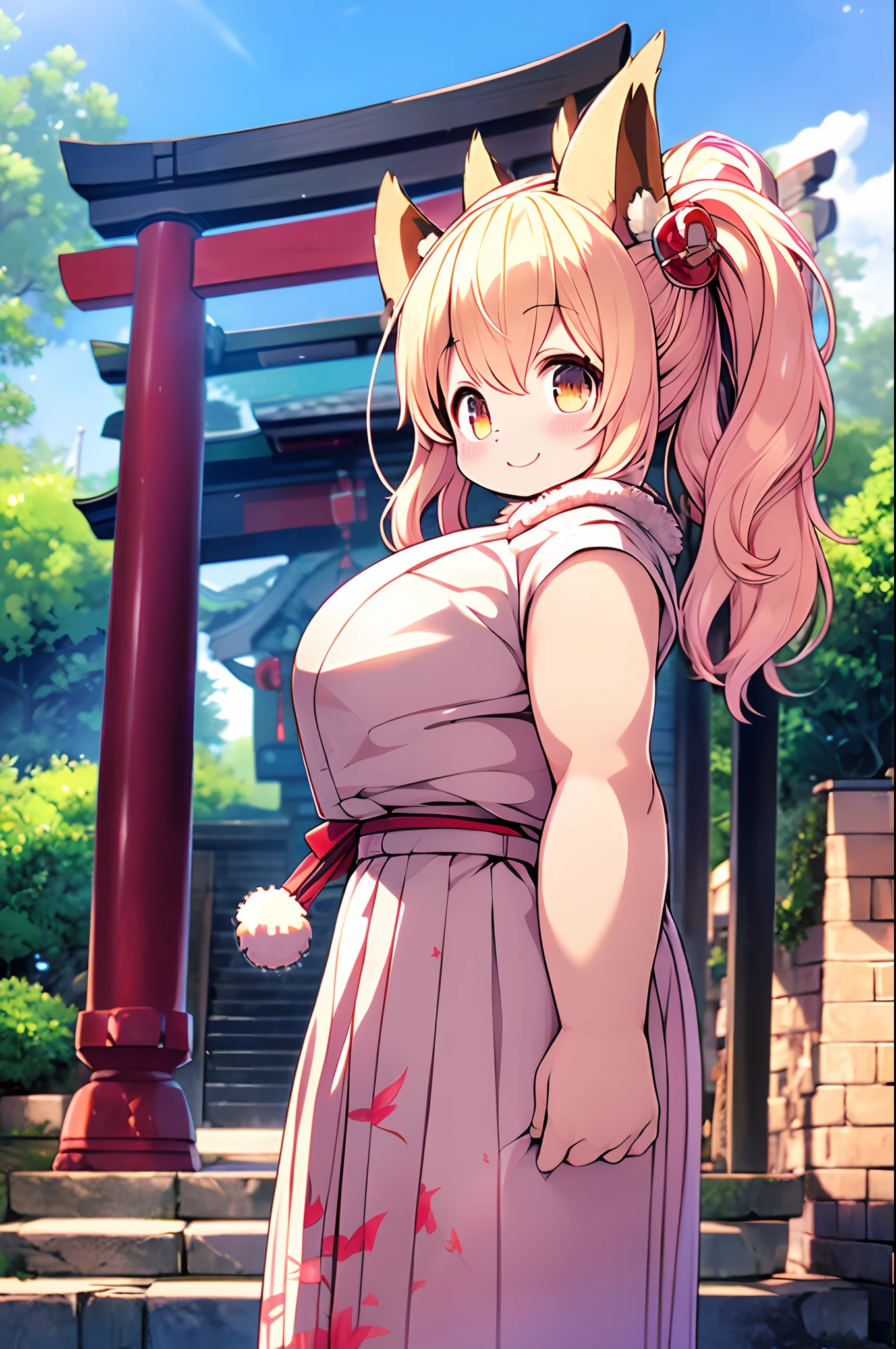 Fox Woman、body covered with fur、huge-breasted、kawaii、shrine maiden、Japan white clothes,Red Hakama、torii gate,summer day、((High Position))、A big smile、bbw、thick thight、big butts、Ultramammy,Chibi,Nanachi