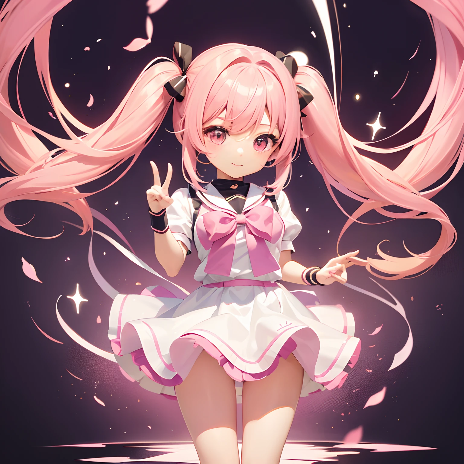Very cute and (Beautiful Chibi Anime Girl), Solo, Simple background, Beautiful twin tails*Pink* hair, Beautiful detailed *Pink* High School Uniform, Full body, Standing, high detailed face and *Pink* Eyes, Clearly outlined