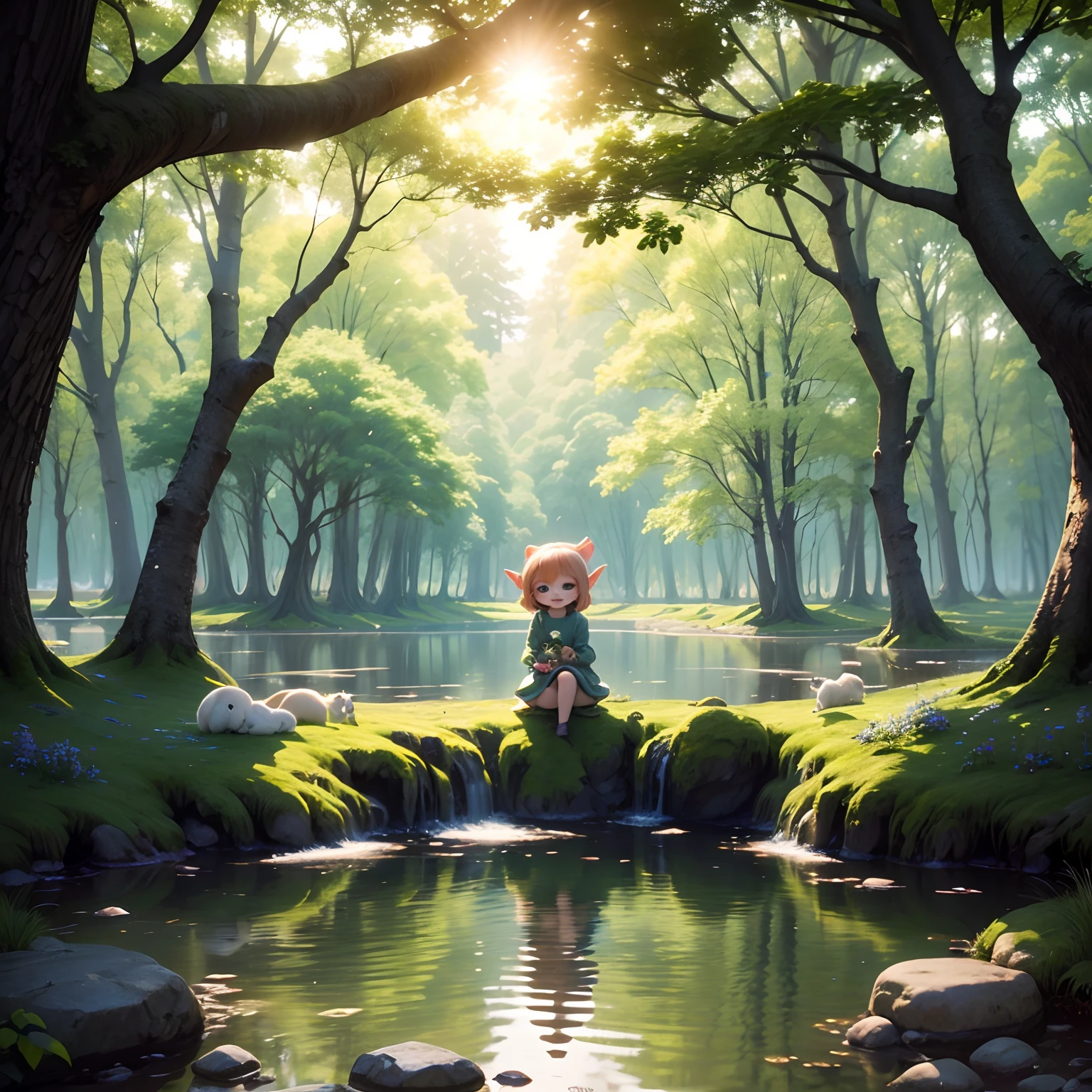masterpiece、top-quality、ultra-detailliert、One daughter of an elf、(Chibi Chara:1.1)、wraith、short-hair、Open your mouth and smile、lake in the middle of a forest、Sit on the rocks、Sunlight、White squirrel、