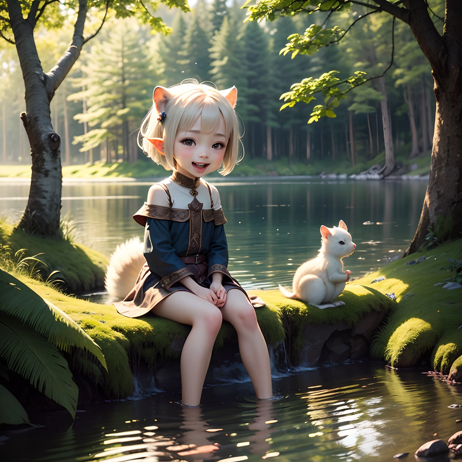 ​masterpiece、top-quality、ultra-detailliert、One daughter of an elf、(Chibi Chara:1.1)、wraith、short-hair、Open your mouth and smile、lake in the middle of a forest、Sit on the rocks、Sunlight、White squirrel、