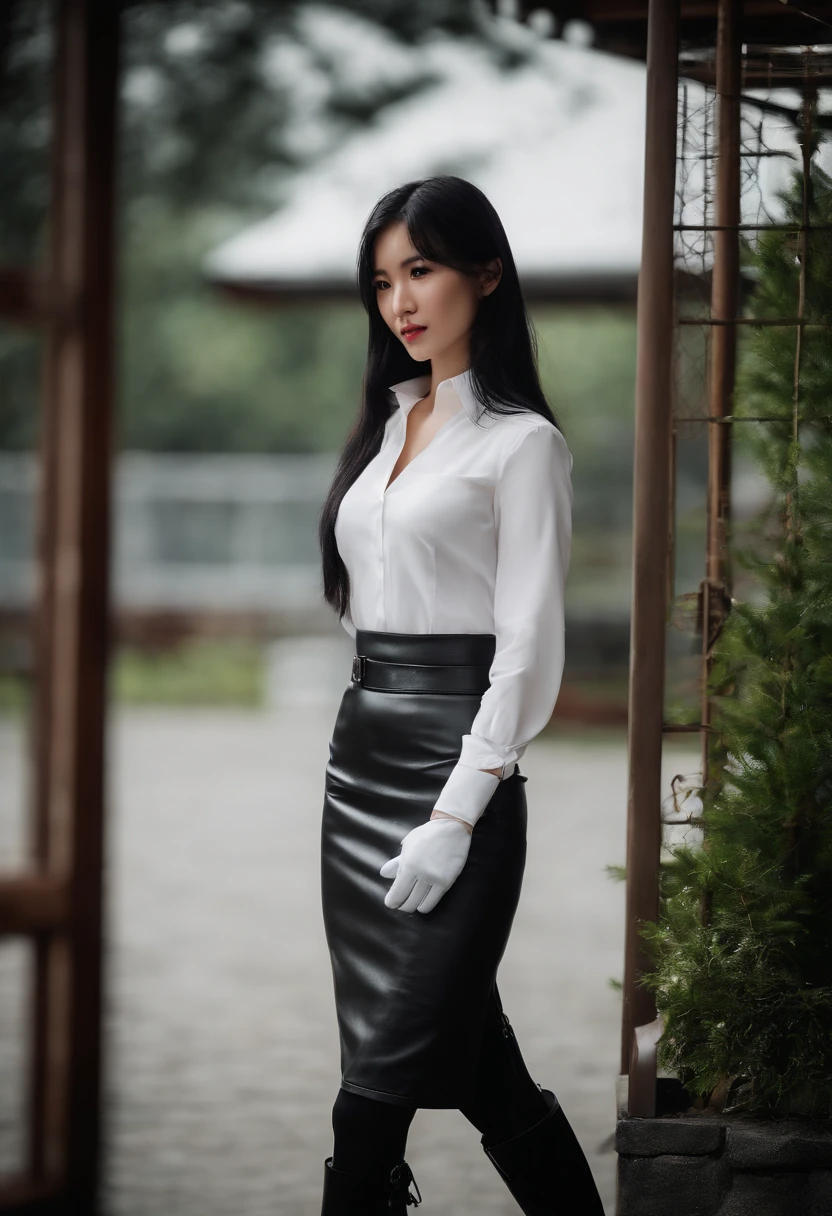Black leather gloves, black leather tight skirt, white blouse, black leather long boots, black hair straight Japanese girl