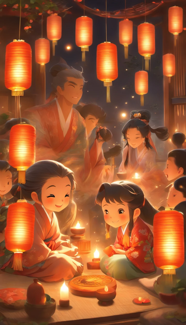 The family sits together, Enjoy a festive dinner, Surrounded by a warm and comfortable atmosphere. The room was beautifully decorated，Equipped with lanterns, Symbolizes the joy of the Mid-Autumn Festival. The table is filled with a variety of delicacies, Includes traditional mooncakes. Moonlight shone through the windows, Cast a soft glow on everyone's face. The family laughed and talked, Express their love and happiness on this special occasion. The artwork is created with the finest materials, Such as oil painting or high-resolution digital rendering, Ensure the highest quality and detail. The colors are vivid and vibrant, Create visually stunning representations for holiday celebrations. Well-designed lighting, Focus on capturing the warm and tranquil atmosphere of the evening. The artwork is a masterpiece, With ultra-fine elements and realism, Photorealistic style. The moon in the night sky is depicted as a perfect circle, Represents the full moon of the Mid-Autumn Festival. The scene was full of fun, Love, and togetherness, Capture the essence of the festival.You can see the round moon hanging high
