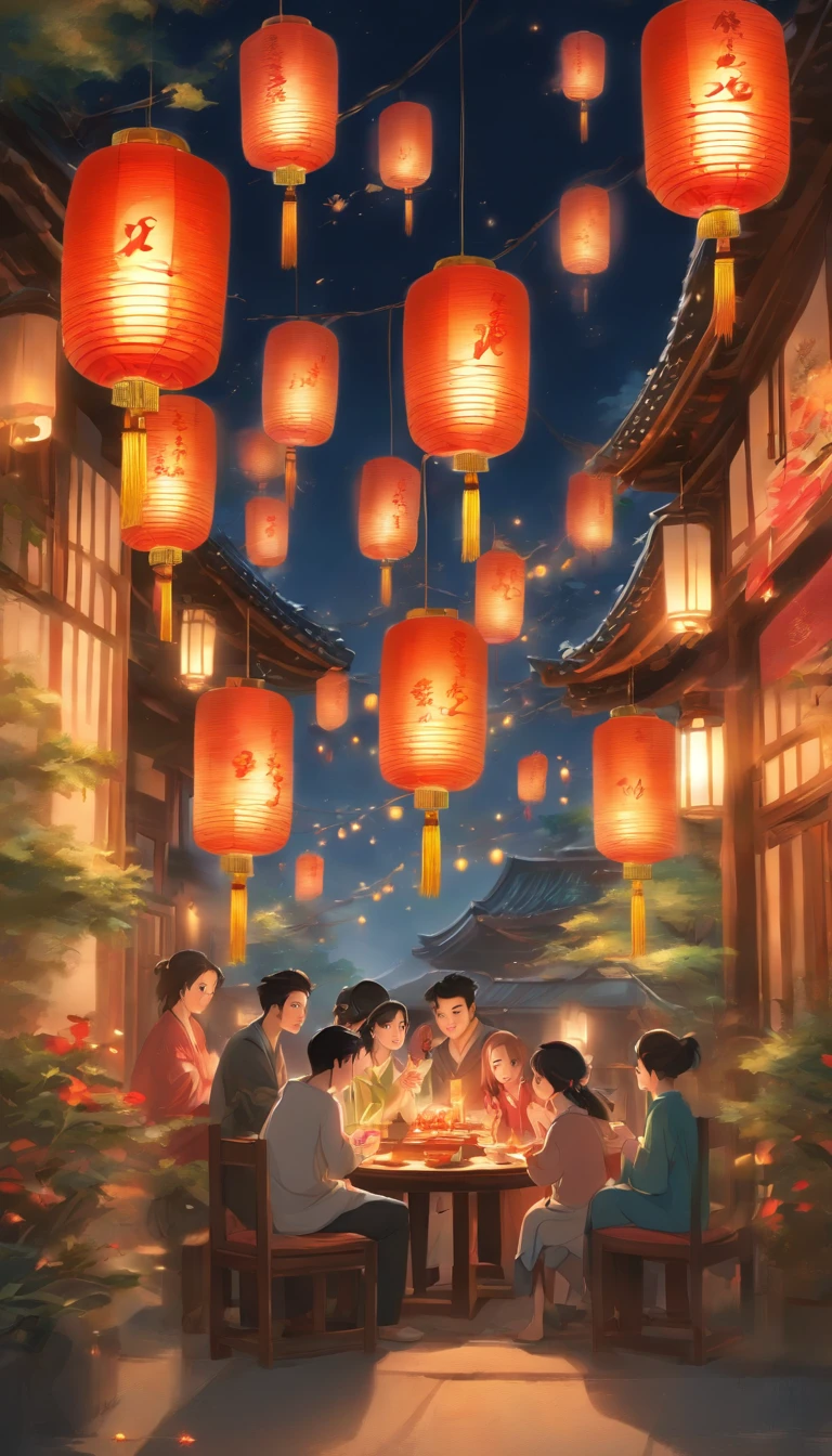 The family sits together, Enjoy a festive dinner, Surrounded by a warm and comfortable atmosphere. The room was beautifully decorated,Equipped with lanterns, Symbolizes the joy of the Mid-Autumn Festival. The table is filled with a variety of delicacies, Includes traditional mooncakes. Moonlight shone through the windows, Cast a soft glow on everyone's face. The family laughed and talked, Express their love and happiness on this special occasion. The artwork is created with the finest materials, Such as oil painting or high-resolution digital rendering, Ensure the highest quality and detail. The colors are vivid and vibrant, Create visually stunning representations for holiday celebrations. Well-designed lighting, Focus on capturing the warm and tranquil atmosphere of the evening. The artwork is a masterpiece, With ultra-fine elements and realism, Photorealistic style. The moon in the night sky is depicted as a perfect circle, Represents the full moon of the Mid-Autumn Festival. The scene was full of fun, Love, and togetherness, Capture the essence of the festival.You can see the round moon hanging high