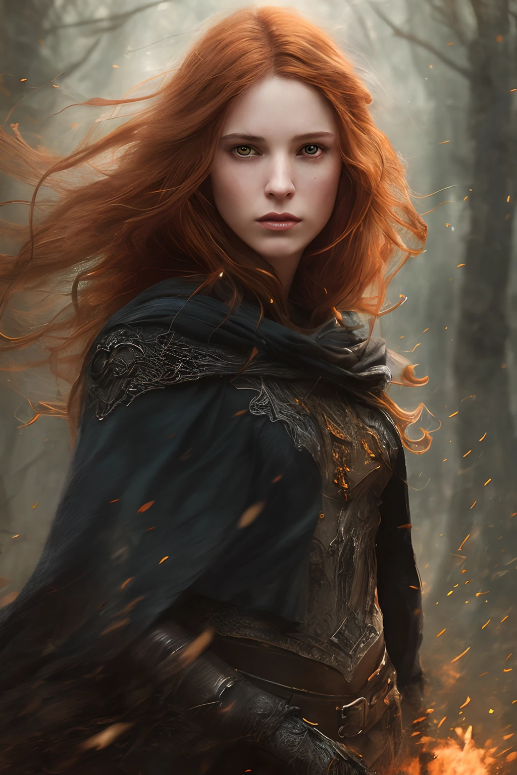 a female portrait of a hyperdetailed in the style of a dementor from harry potter and a rogue dnd character,ginger hair, (pleasant:1.3) thoughtful expression, full body, conjuring magical energy, cinematic shot on canon 5d ultra realistic skin, Fabian Perez Henry Asencio, Jeremy Mann Marc Simonetti fantasy magical horror atmosphere, (highly detailed environment:1.3)