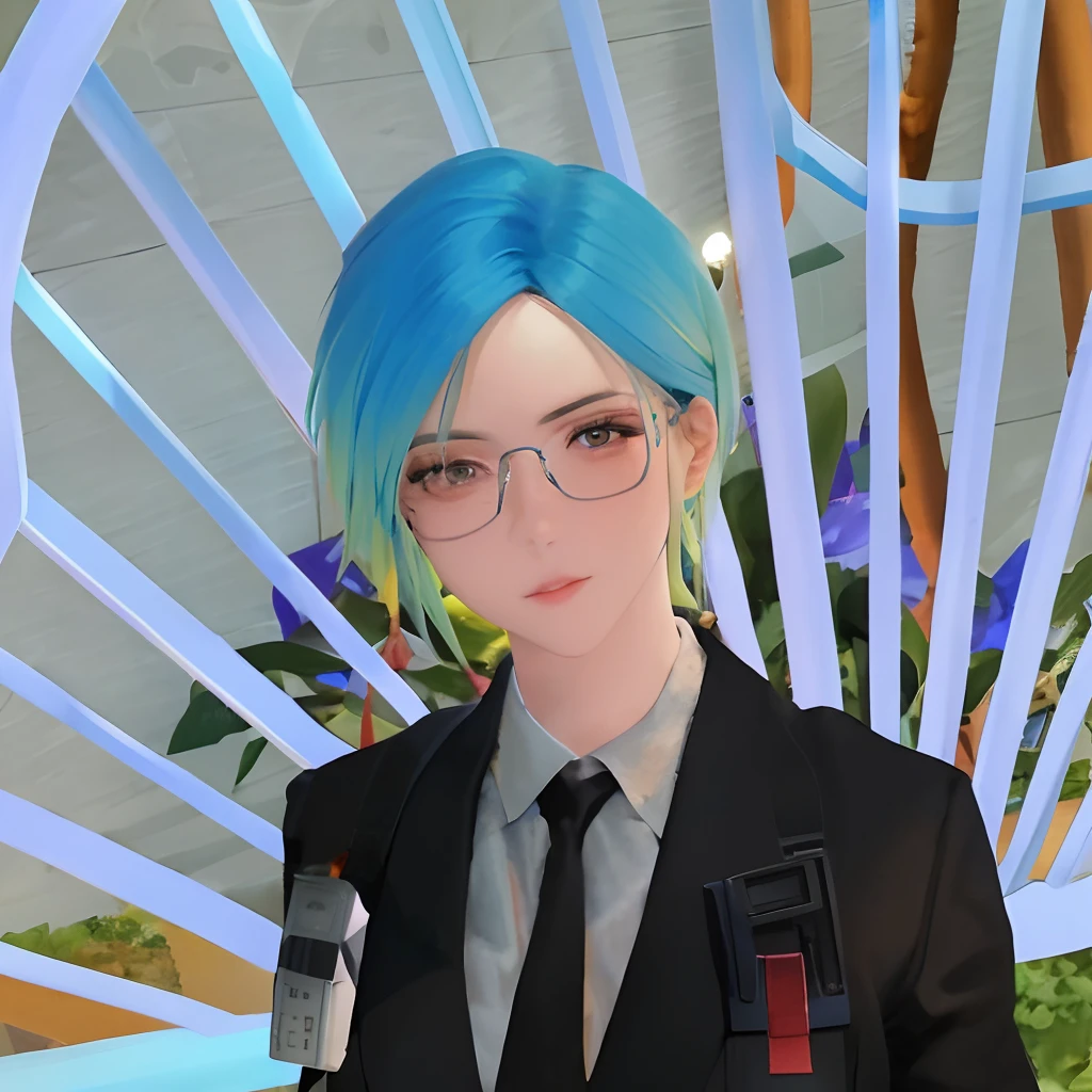 there is a woman with blue hair and glasses standing in front of a blue spiral, short blue haired woman, second life avatar, with blue hair, attractive androgynous humanoid, in cyber punk 2077, halfbody headshot, in game, live2d virtual youtuber model, hints of yayoi kasuma, girl with blue hair, character close up