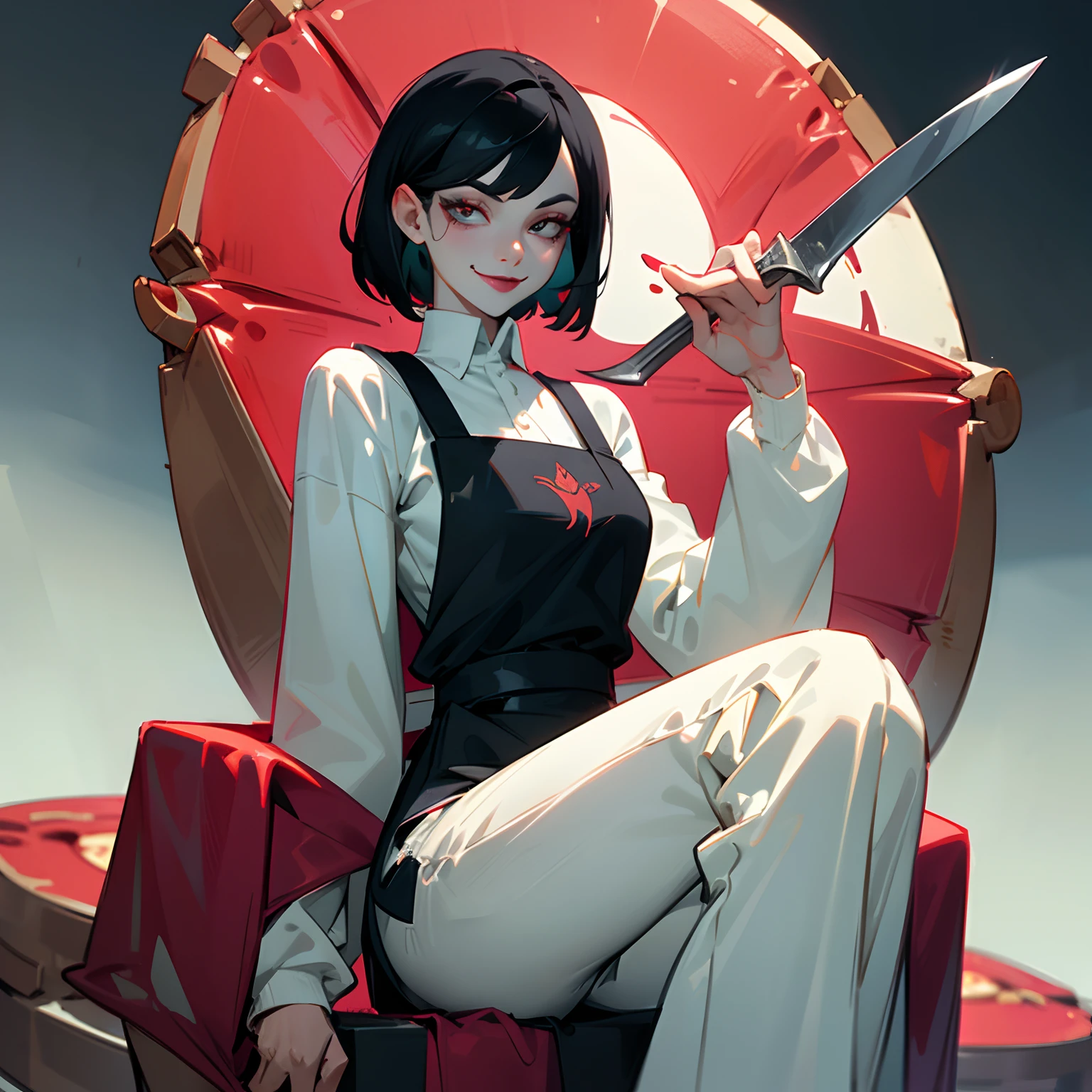 Spider gwen in cooking apron, sitting in a giant pizza , knife in hand , black apron , white tshirt and white pants , masterpiece , white eyes , sexy sleeves ,black hair , evil smile , black lipstick