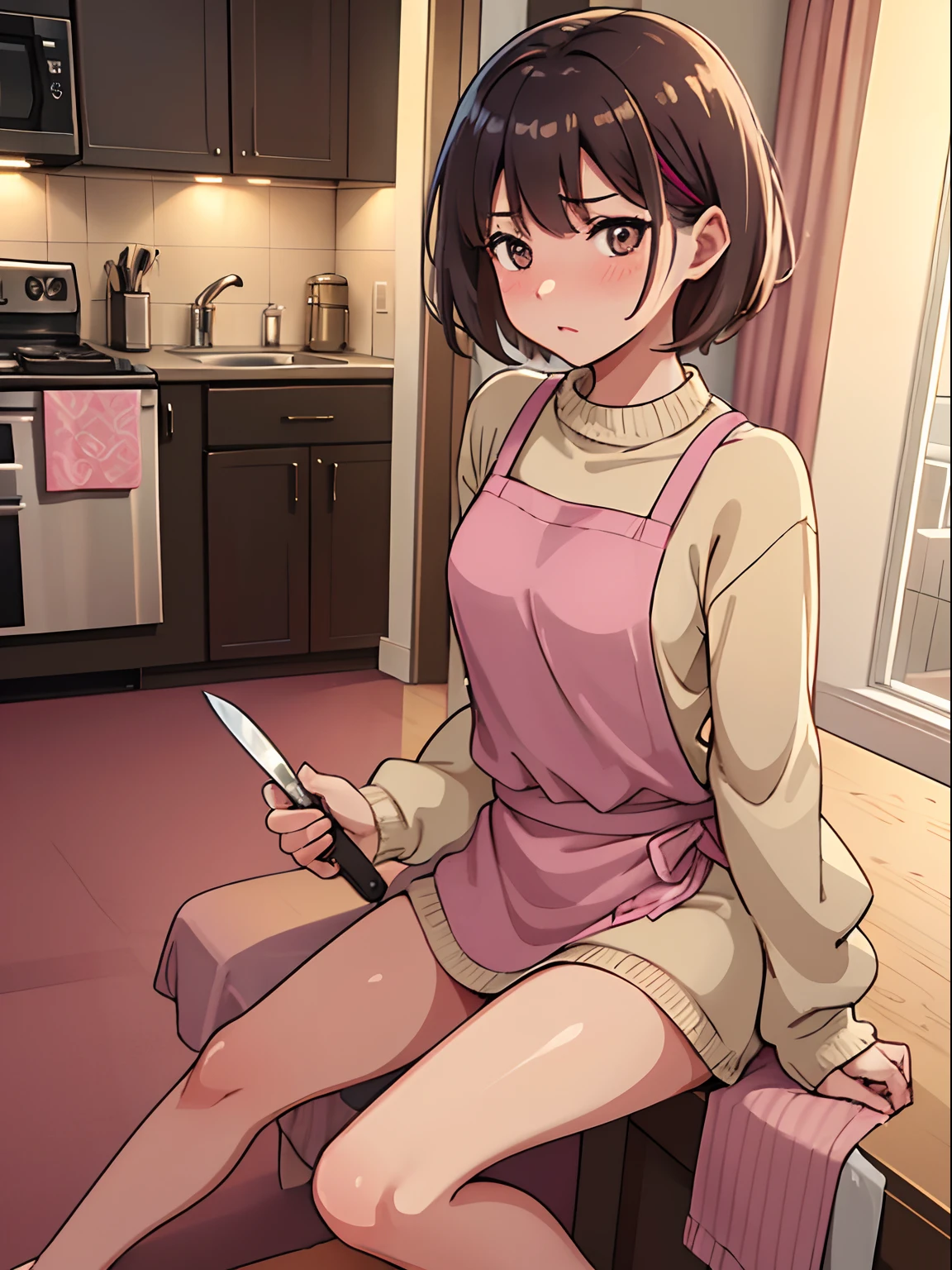hiquality, tmasterpiece (One girl). holding a kitchen knife in his hand. looking aside. short brown hair. blushful. face disturbance. brown eye. The clothes: beige sweater. pink apron. bare feet. In the background is a room, kitchen. red carpet. table with food. Chairs