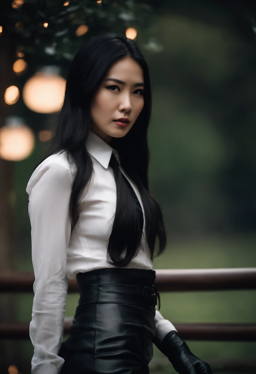 Black leather gloves, black leather tight skirt, white blouse, black leather long boots, black hair straight Japanese girl