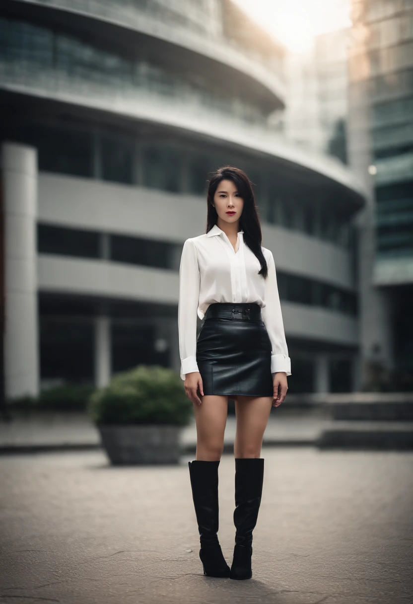 Black leather gloves, black leather tight skirt, white blouse, black leather long boots, black hair straight Japanese girl