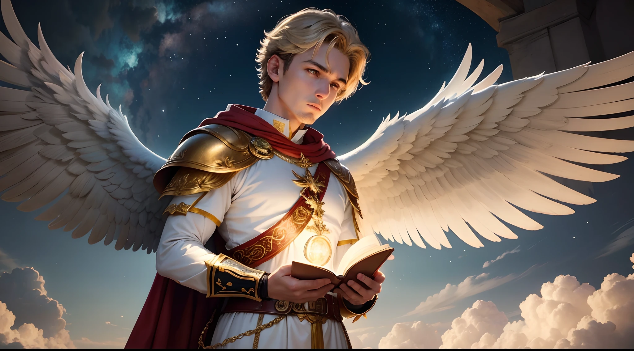 Closeup de uma imagem um anjo homem com um livros (biblia) with the position in the right hand, in the other left hand holding a scale, Angel dressed as a Roman soldier looking at the ground, arcanjo homem com asas grandes, o anjo da fortuna, perfeito, Realistic, Biblical setting, Biblical Paradise Setting, It standing body compleot sample night without realistic ultras clouds, flores e velas, Illuminated Archangel of Heaven in the illuminating night, velas acesas, roupas brancas e vermelhas
