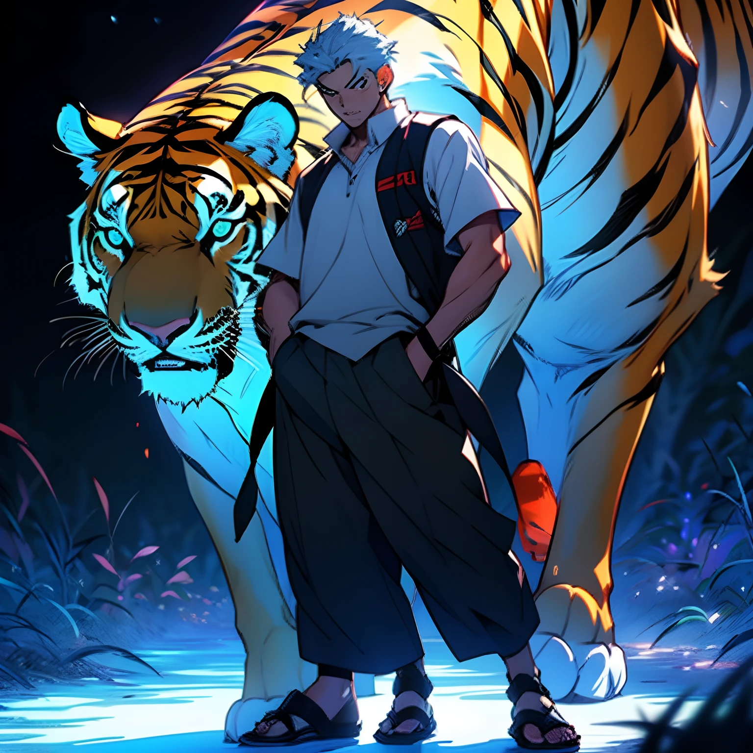 a boy standing by a tiger that is glowing blue, in the style of anime art, dark symbolism