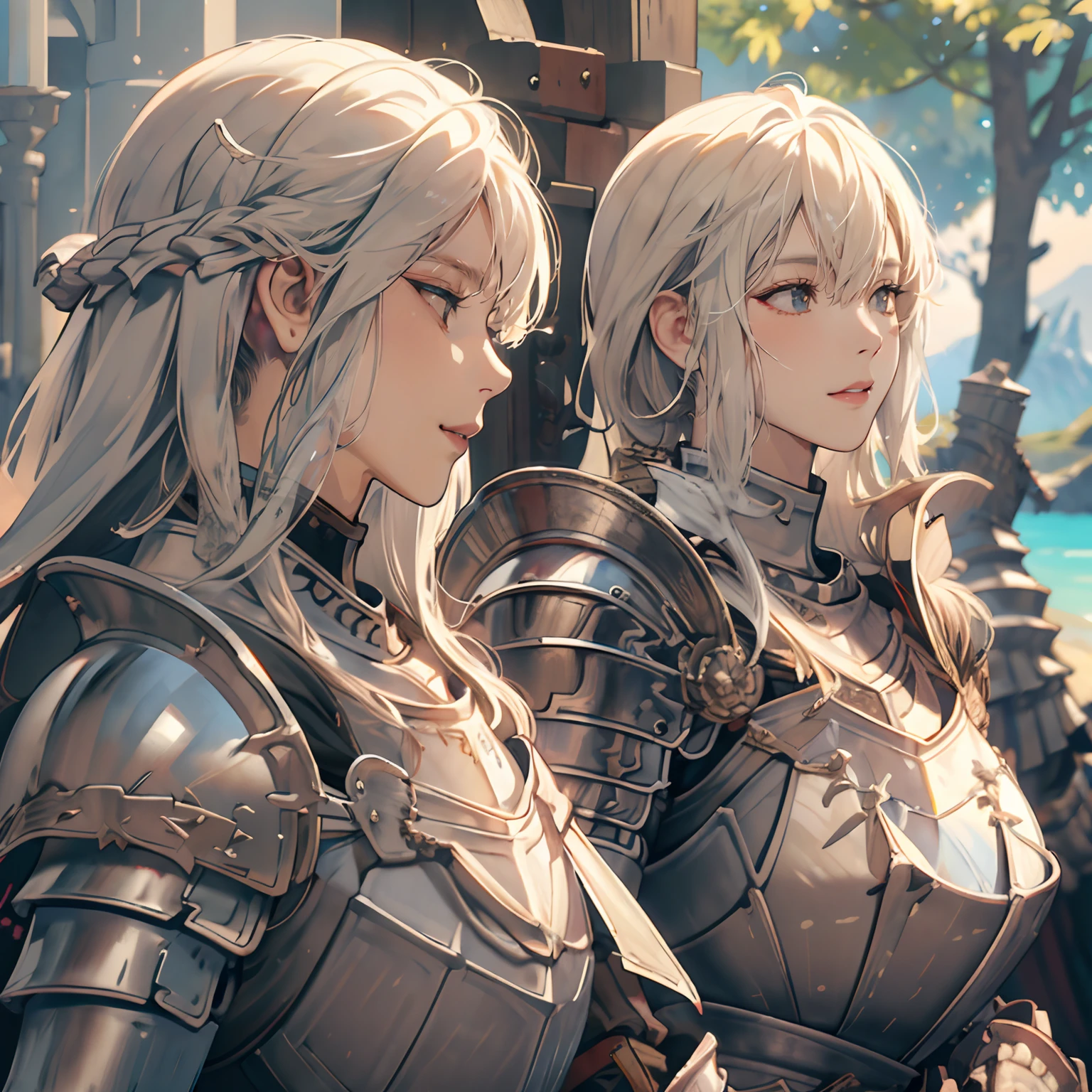 Women in Their 20s、1 persons、with round face、Round jaws、a close up of a woman in armor holding a sword, armor girl, Female knight, large full breasts、full armor, full armor, Gorgeous Female Paladin, Female knight, of a beautiful female knight, Beautiful armor, Plump、thick waist、Wide waist、full armor, s Armor、Gorgeous full-body armor, stunning armor, Trending on ArtStation pixiv, beautiful female knight、holding a greatsword、Great Sword of Steel、delighted expression、Looking here、Staring at me、by lake、White battle flags are lined up、A large army in the distance behind、Forest and mountains in the background