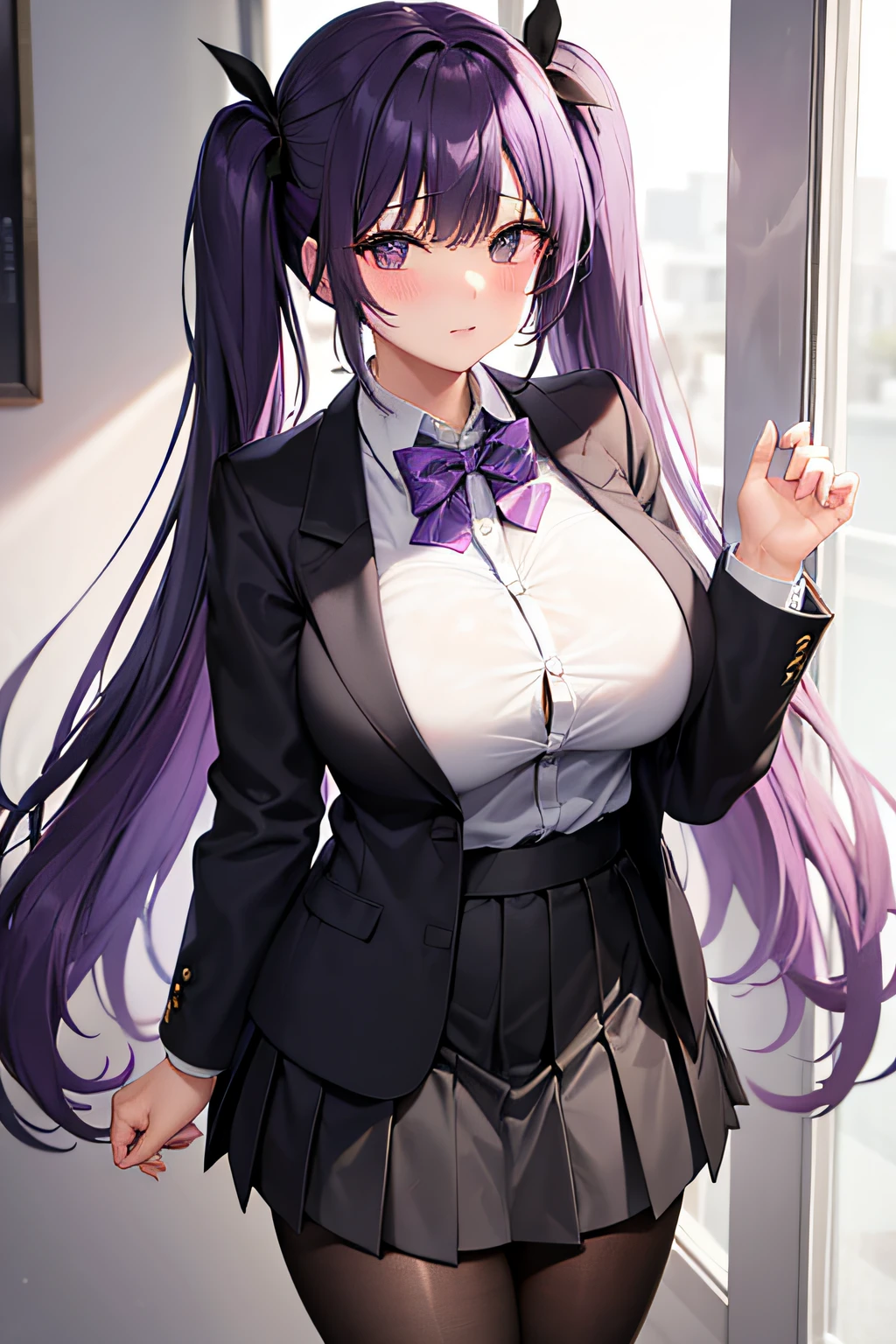 High school girl, purple hair, twin tails, white blouse, black blazer, black pleated skirt, black pantyhose, big breasts.