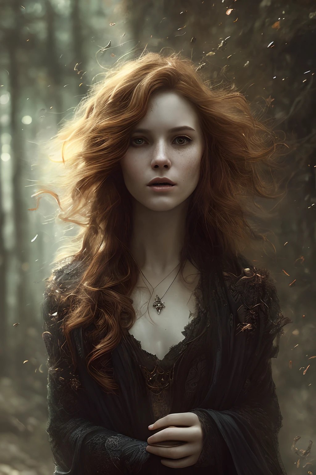 a female portrait of a hyperdetailed in the style of a dementor from harry potter and a rogue dnd character,ginger hair, (pleasant:1.3) thoughtful expression, full body, conjuring magical energy, cinematic shot on canon 5d ultra realistic skin, Fabian Perez Henry Asencio, Jeremy Mann Marc Simonetti fantasy magical horror atmosphere, (highly detailed environment:1.3)
