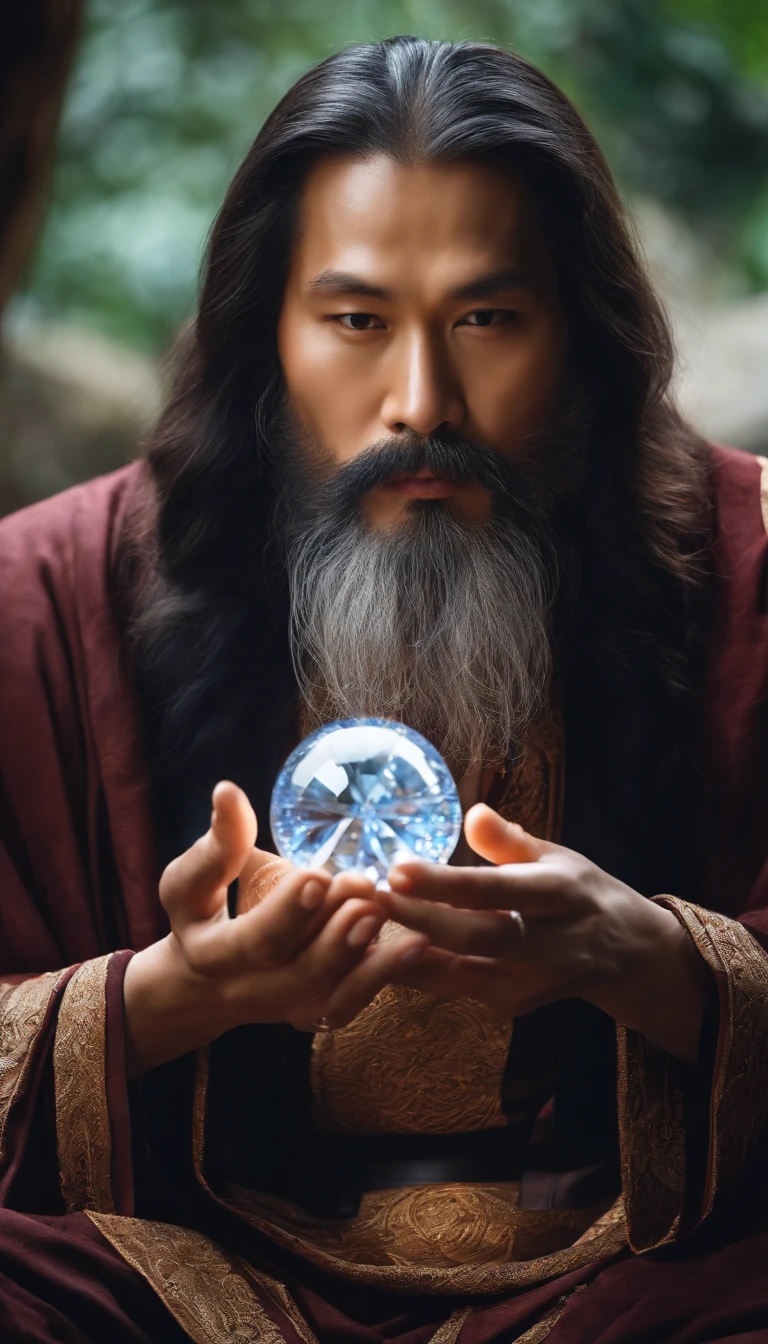 30-year-old middle-aged Asian man,long whitr hair,Coiled hair,Long beard,Close-up of holding a crystal ball in his hand,staring right into camera,Meditate cross-legged, at centre,Clear facial features,Very bright colors, Light particles, with light glowing, Mshiv, wallpaper art, UHD wallpaper