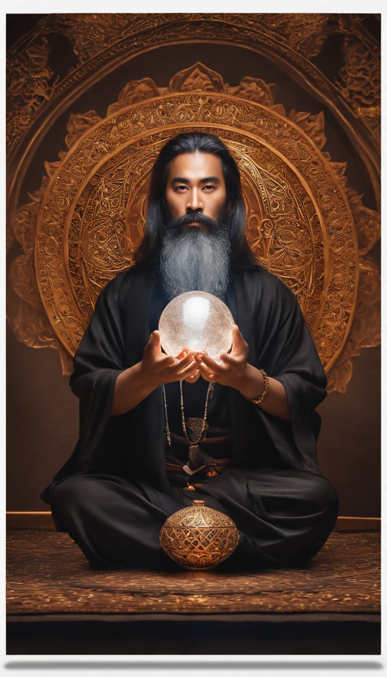 30-year-old middle-aged Asian man,long whitr hair,Coiled hair,Long beard,Close-up of holding a crystal ball in his hand,staring right into camera,Meditate cross-legged, at centre,Clear facial features,Very bright colors, Light particles, with light glowing, Mshiv, wallpaper art, UHD wallpaper