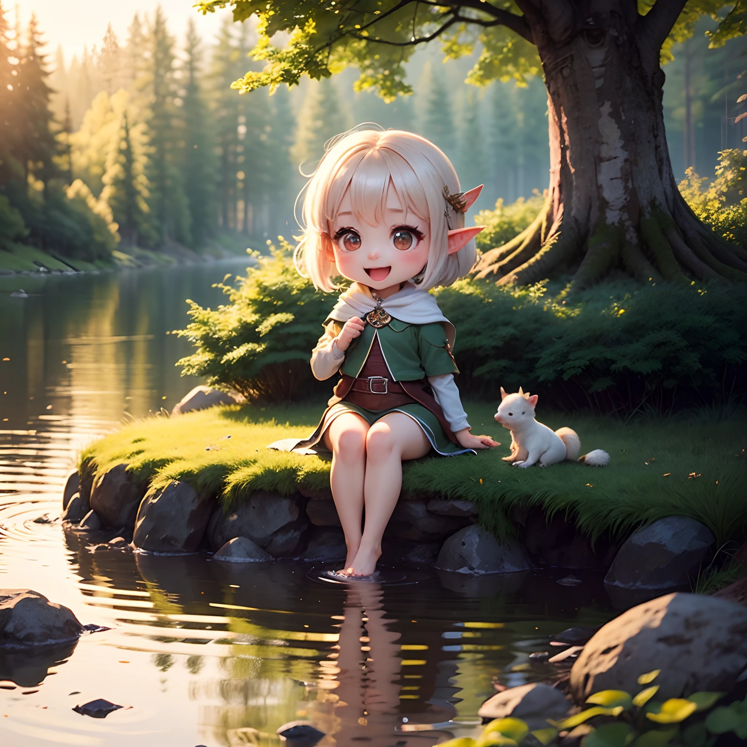 masterpiece、top-quality、ultra-detailliert、One daughter of an elf、(Chibi Chara:1.1)、wraith、short-hair、Open your mouth and smile、lake in the middle of a forest、Sit on the rocks、Sunlight、White squirrel、