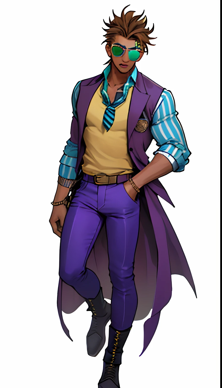 young brown skin tone caucasian man with semi-spiky and semi-curly brown hair, wearing an icy-blue shutter shades, has a golden color party horn in mouth, wearing a light-purple t-shirt with purple waistcoat, blue jacket with purple stripes, wears blue pants, wears blue shoes, has a blue neckerchief with a little bit of a green stripe, has an ammunition bandolier around waist, transparent background