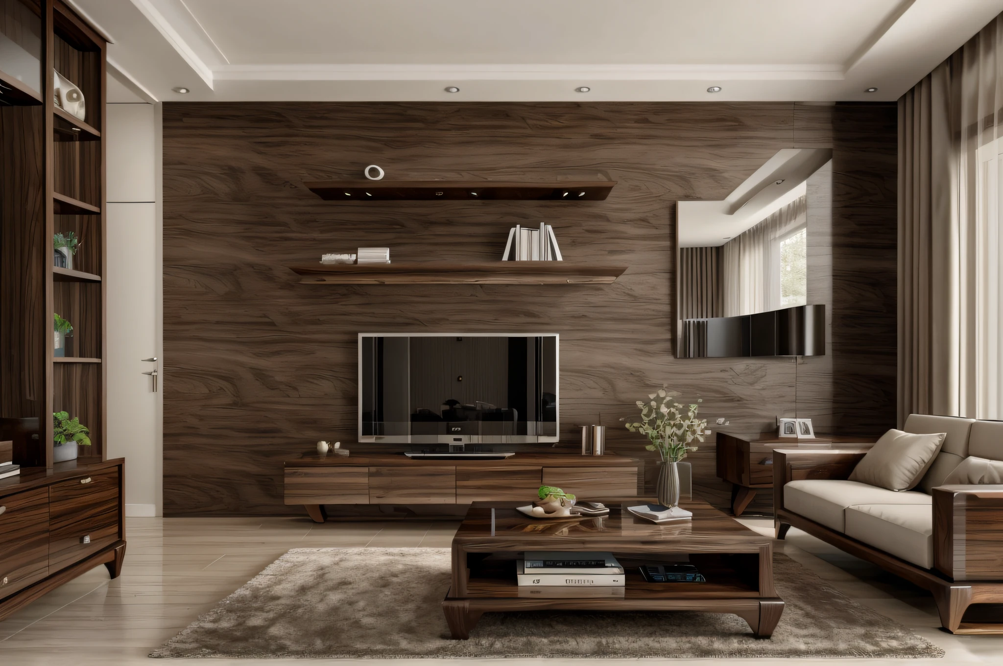 Walnut_furniture, livingroom, Modern style interior, furniture made of walnut, masterpiece, surreal, 32k, extremely detailed CG unity 8k wallpaper, best quality